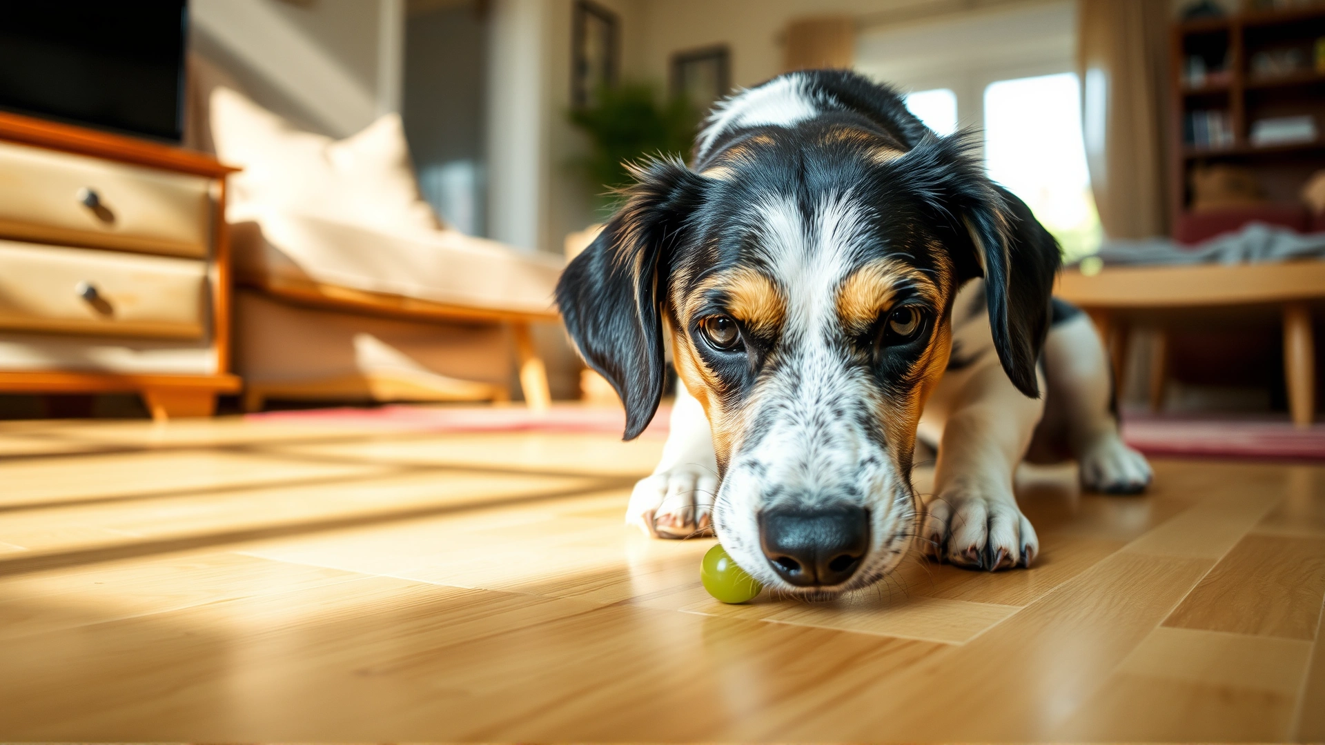 Curious medium-sized dog sniffing a single green grape on a living room floor, bright daylight, soft focus