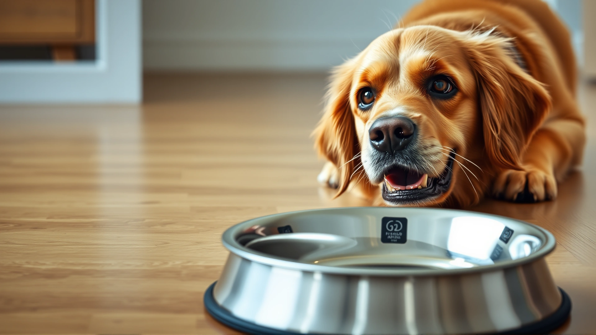 Golden Retriever staring eagerly at an empty stainless-steel food bowl on the floor, illustrating a pet that is always ready for more food.