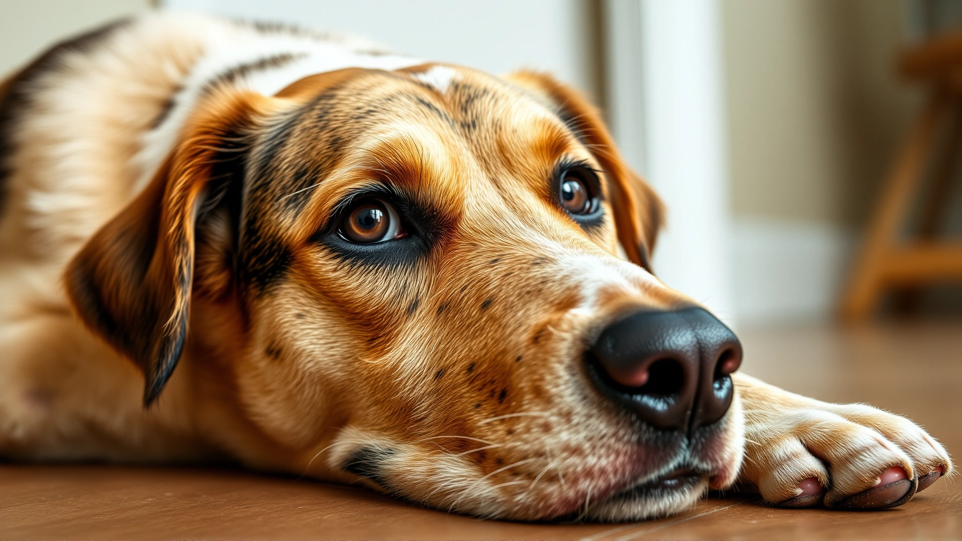 Close-up of a mixed-breed dog with anxious expression lying on floor, natural lighting, focus on eyes.