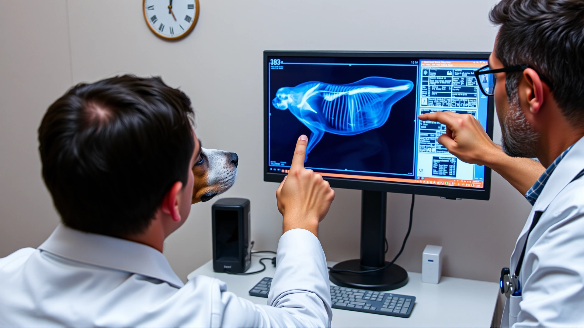 Medium shot of a veterinarian pointing at an x-ray of a dog's chest on a computer screen while an owner watches, highlighting diagnostic process