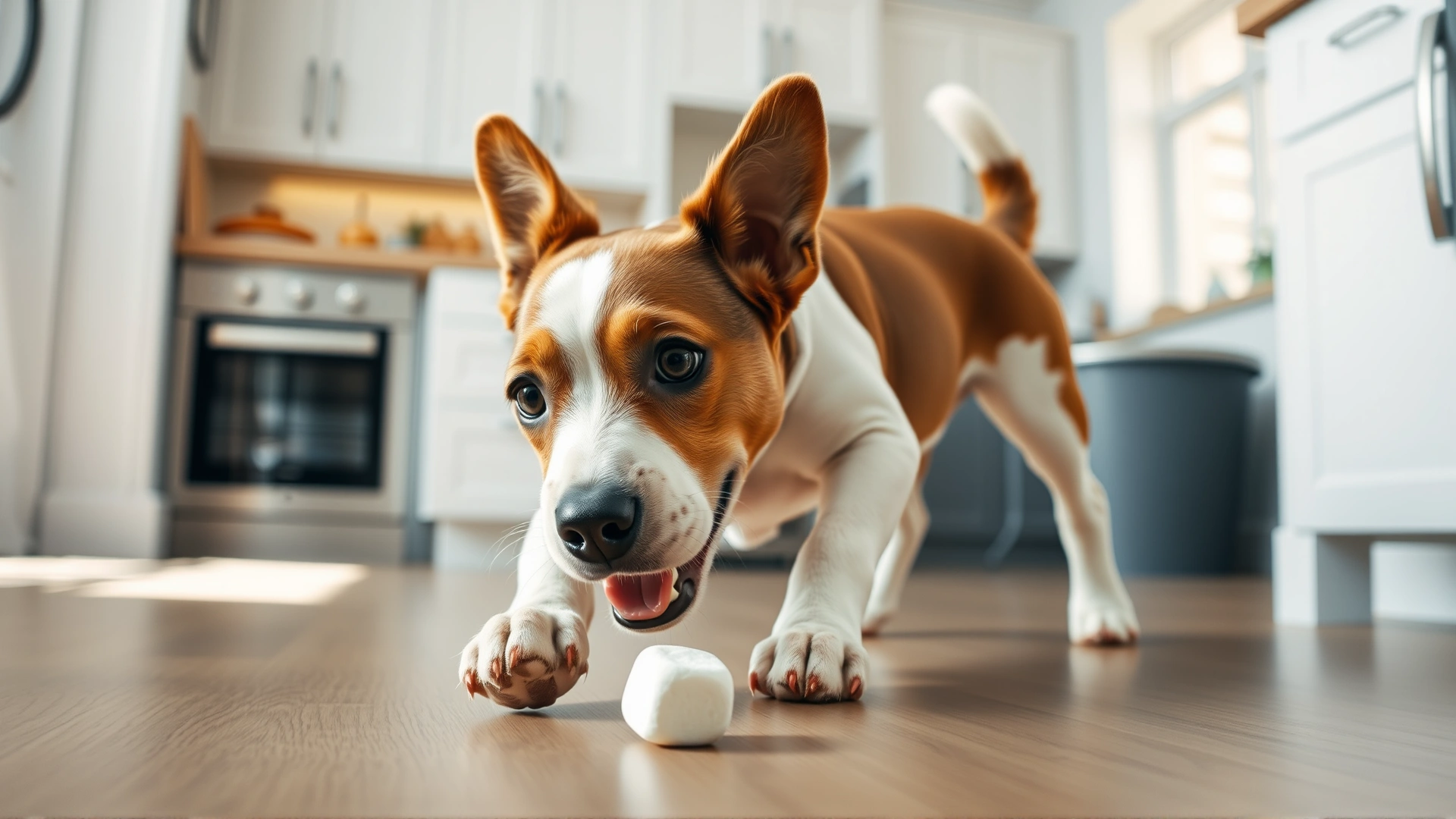 Playful brown and white dog reaching toward a single marshmallow on the floor, indoor kitchen setting, bright and airy