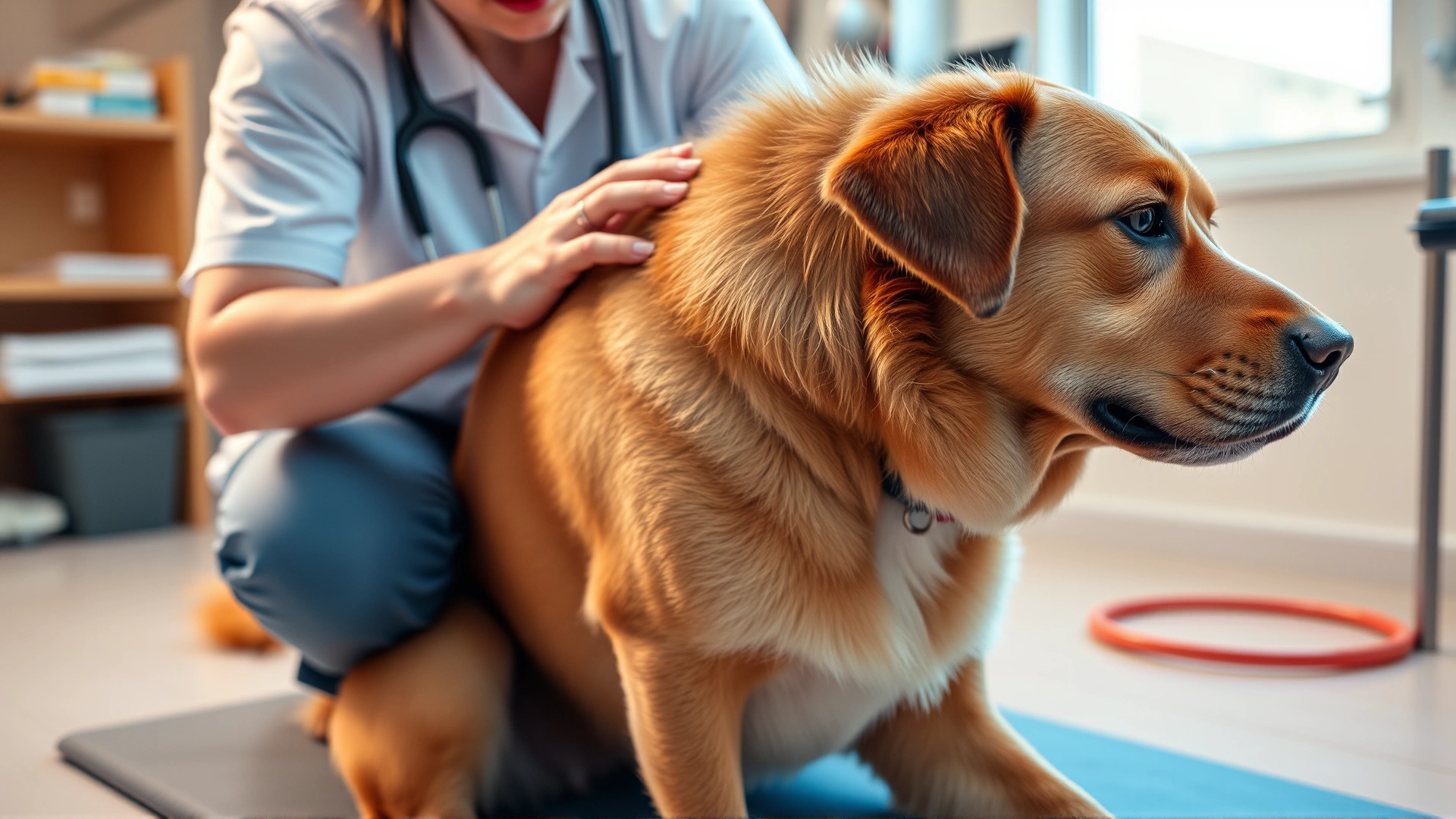 Canine physical therapist gently massaging a large dog's hind leg in a clinic setting, warm light