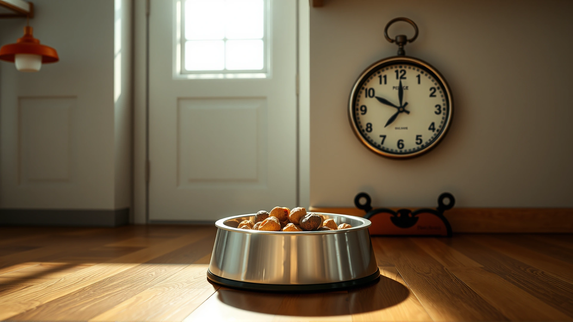 Overhead view of a filled dog bowl on a kitchen floor next to a wall clock showing mealtime, bright morning lighting.