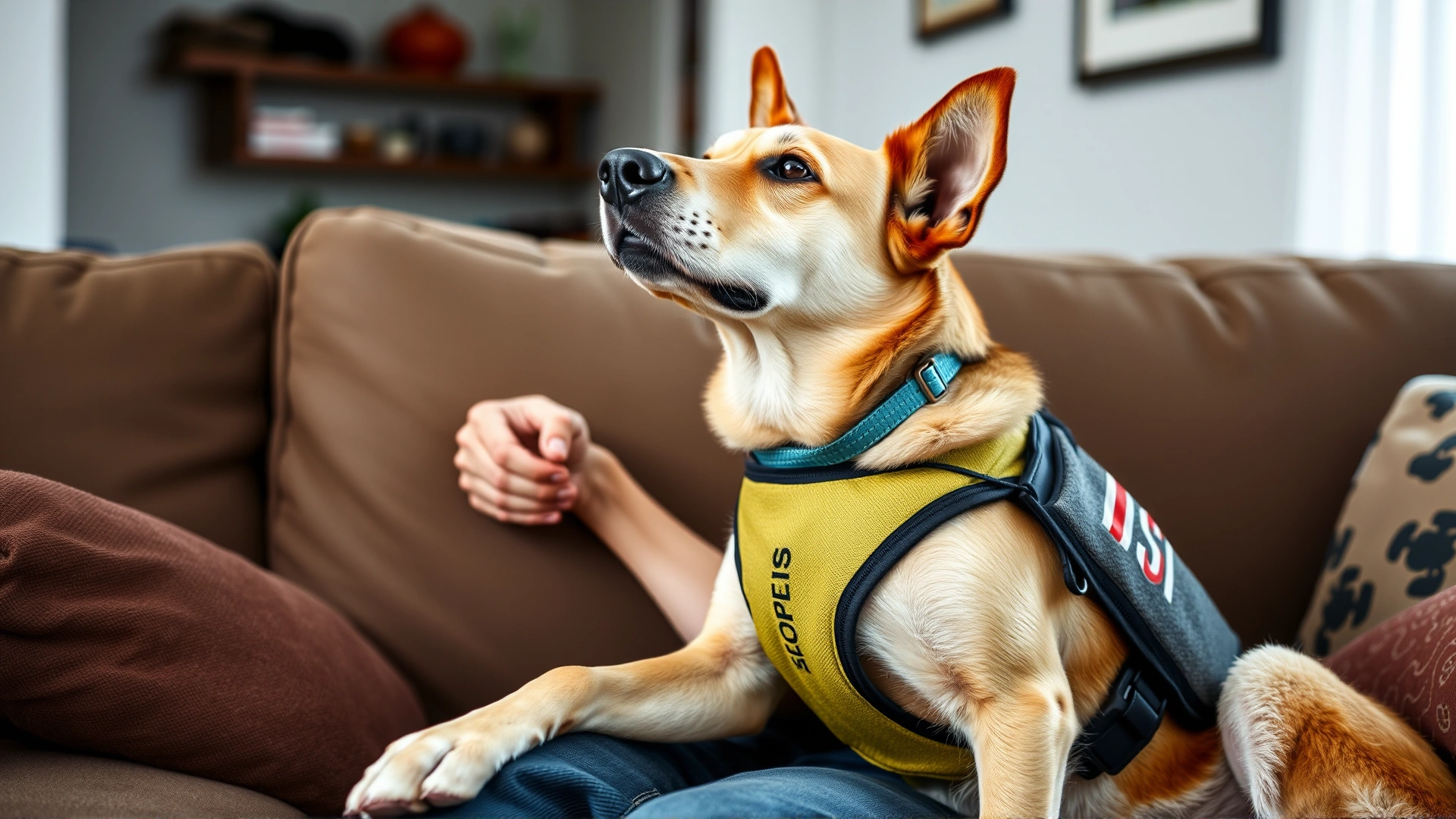 Service dog wearing a medical alert vest gently nudging its diabetic owner seated on a couch.