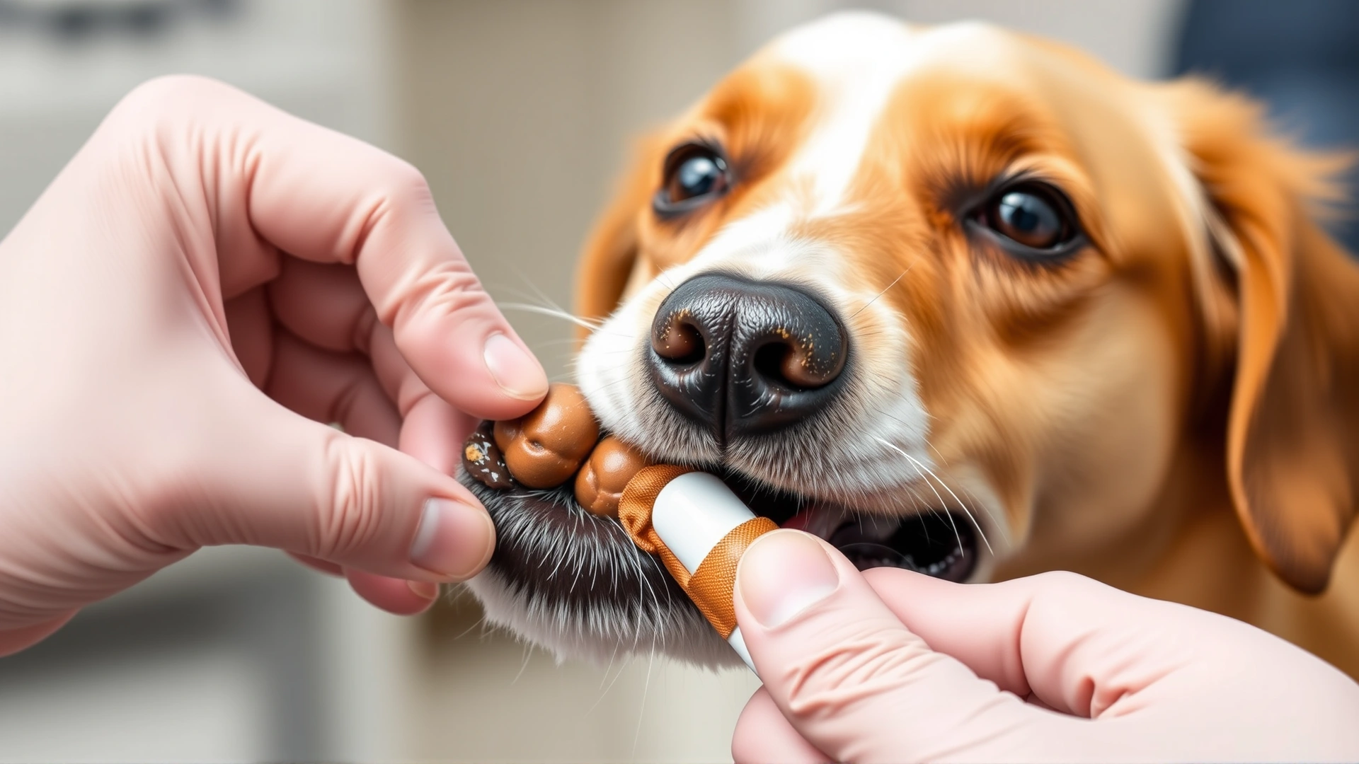 A close-up of a dog receiving oral medication from its owner using a pill pocket treat.