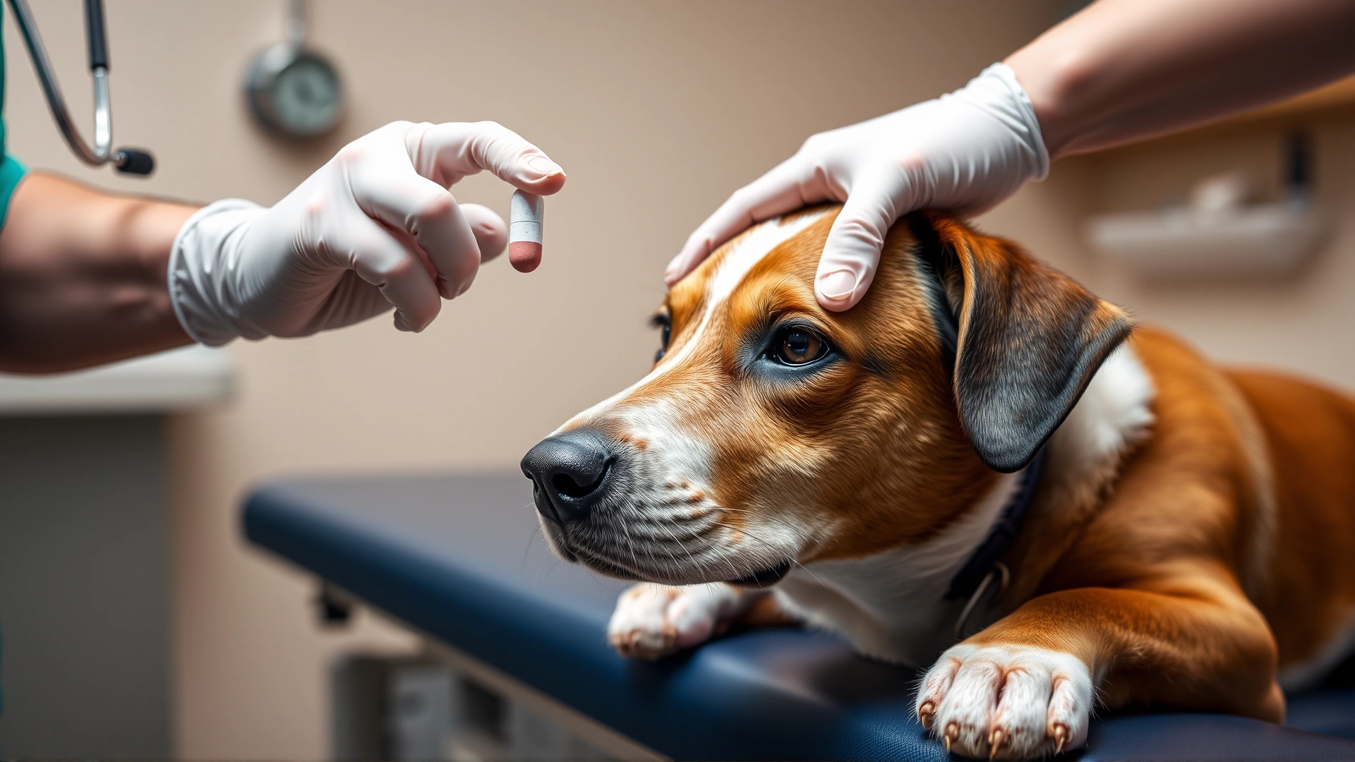 A veterinarian's hand giving a small pill to a calm dog on an exam table, clinical background