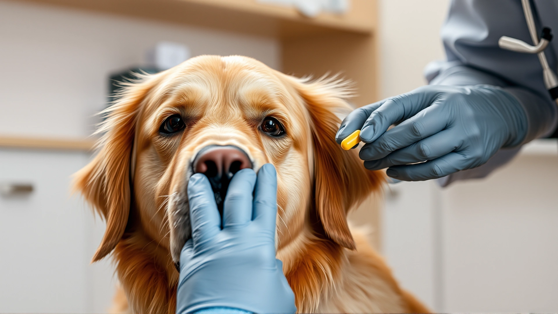 Close-up of a veterinarian gently giving an Azathioprine pill to a calm Golden Retriever in a clinic
