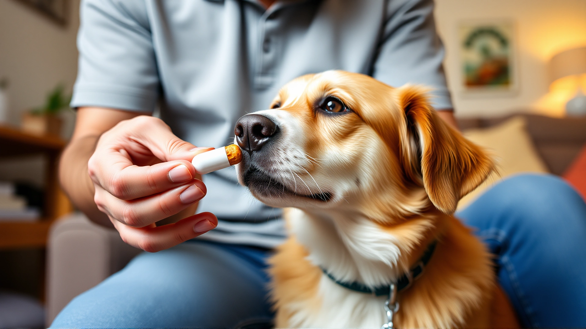 Owner giving a pill wrapped in a small treat to a cooperative dog at home
