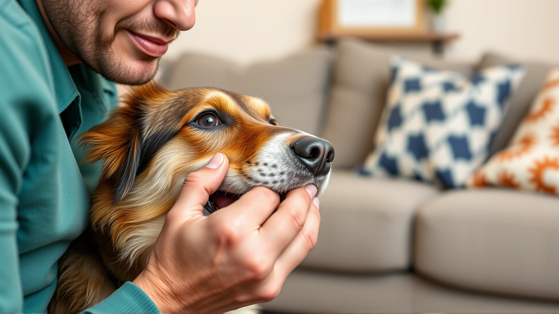 Owner gently giving an oral pill to a cooperative dog in a cozy living room setting; close-up focusing on the hand, pill and dog's mouth, no text