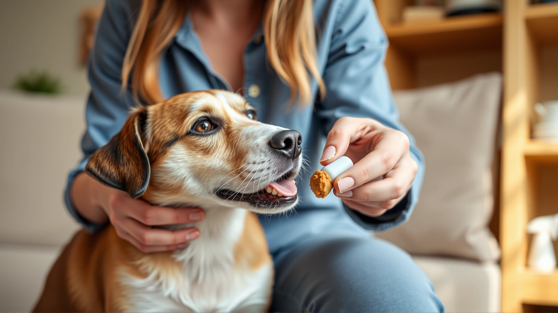 Pet owner giving a pill wrapped in a treat to a medium-sized dog in a cozy home environment, soft natural light, no text.