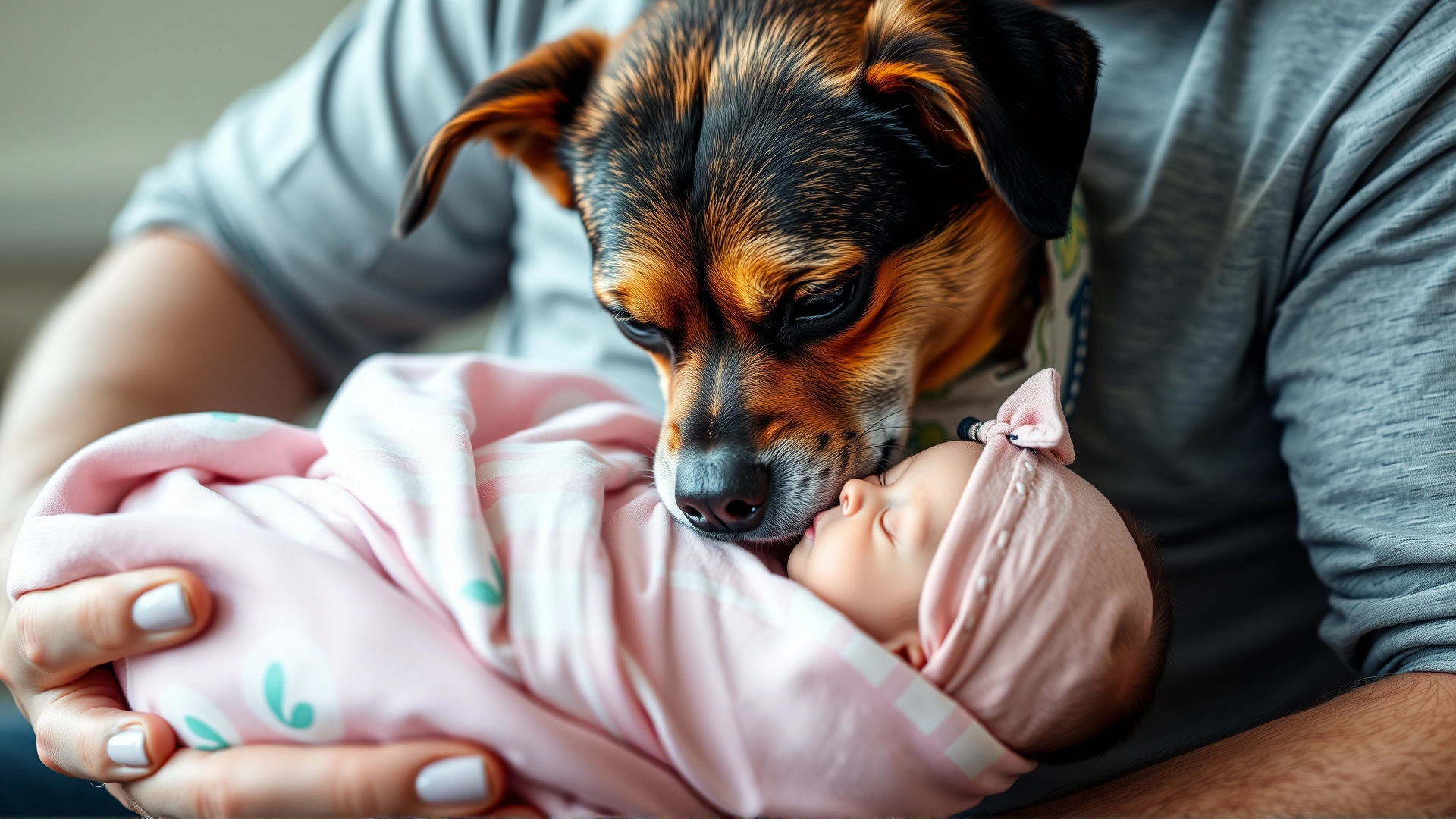 Medium-sized dog wearing a bandana gently sniffing a newborn swaddled in pastel colors held by the father; shallow depth of field.