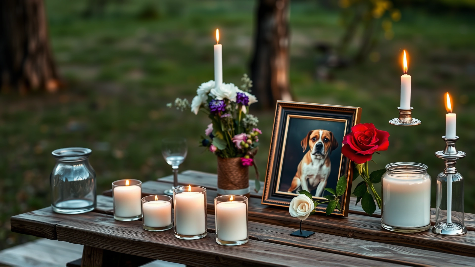 Outdoor wooden table with candles, flowers, and a framed photo of a dog arranged as a small memorial, warm evening light, no text on image
