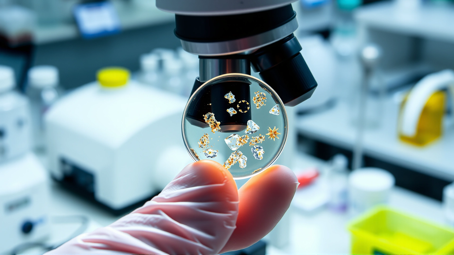 Laboratory scene showing a gloved hand holding a glass slide with canine urine crystals under a microscope, blurred background of lab equipment.