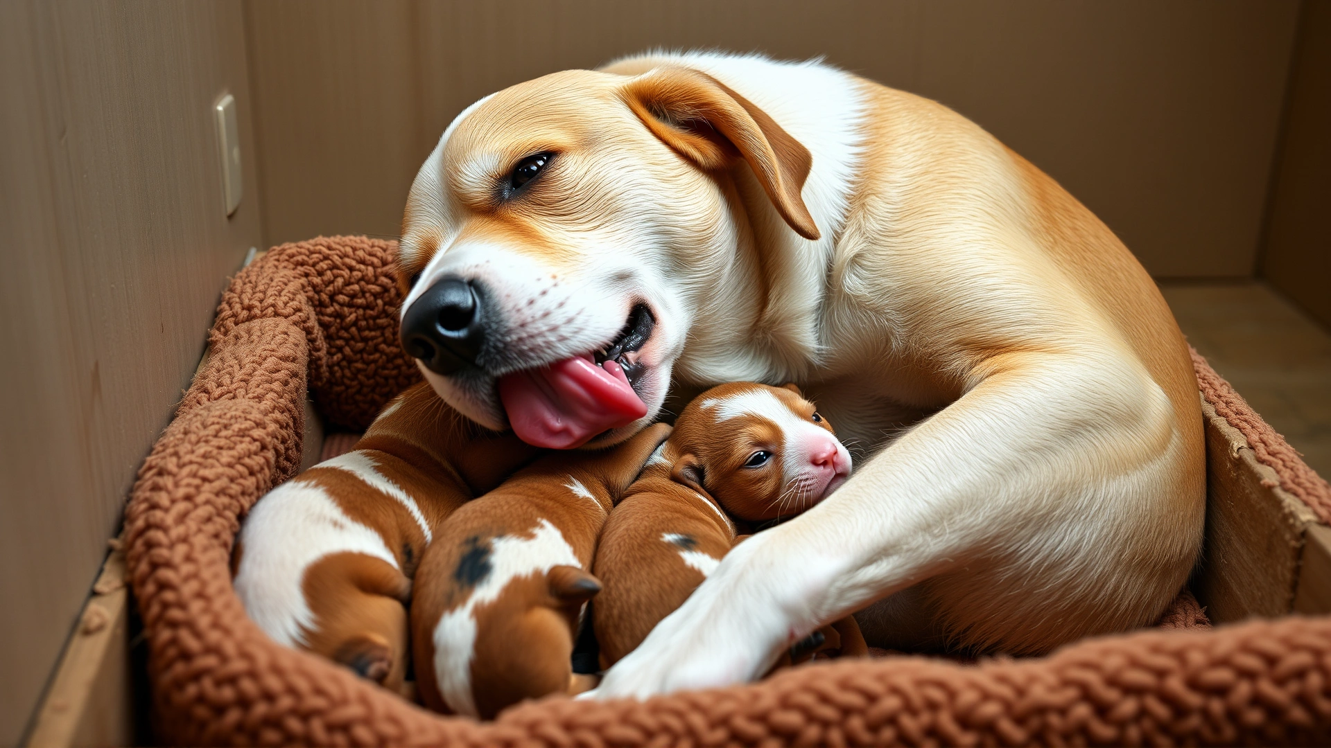 Mother dog gently licking and cleaning her newborn puppies inside a cozy whelping box