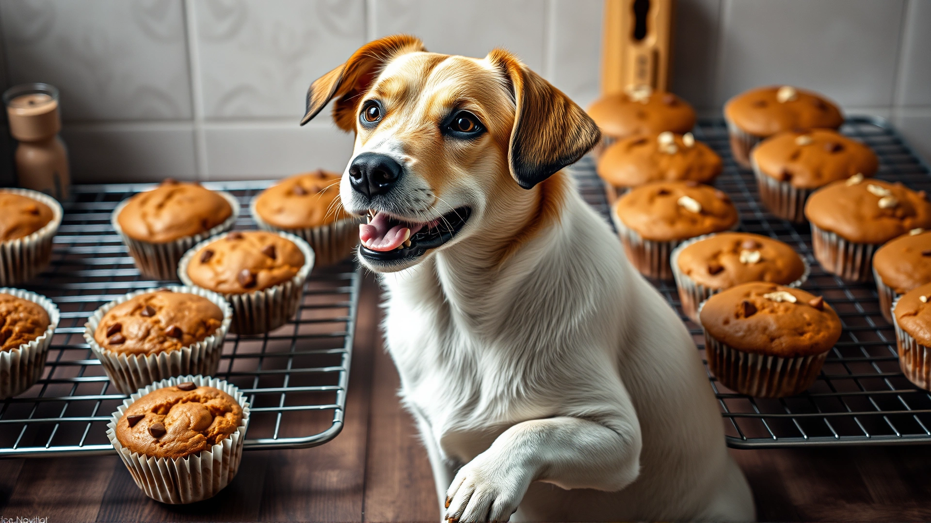 Dog sitting beside homemade muffins on a cooling rack, hinting at baked goods containing spices