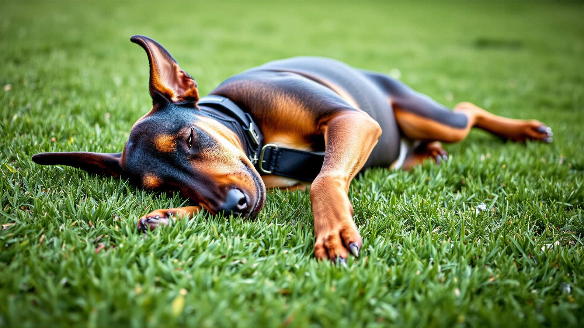 Playful young Doberman collapsing mid-run on a grassy lawn, eyes half-closed, illustrating narcolepsy episode