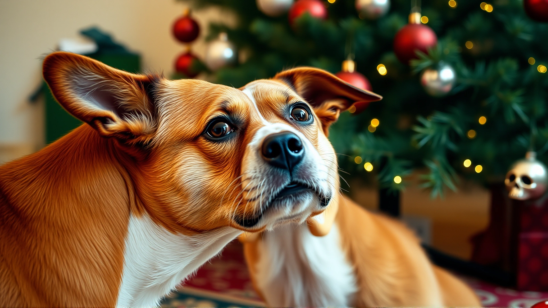 Curious dog sniffing a Christmas tree from a safe distance, decorations in background, warm tones.