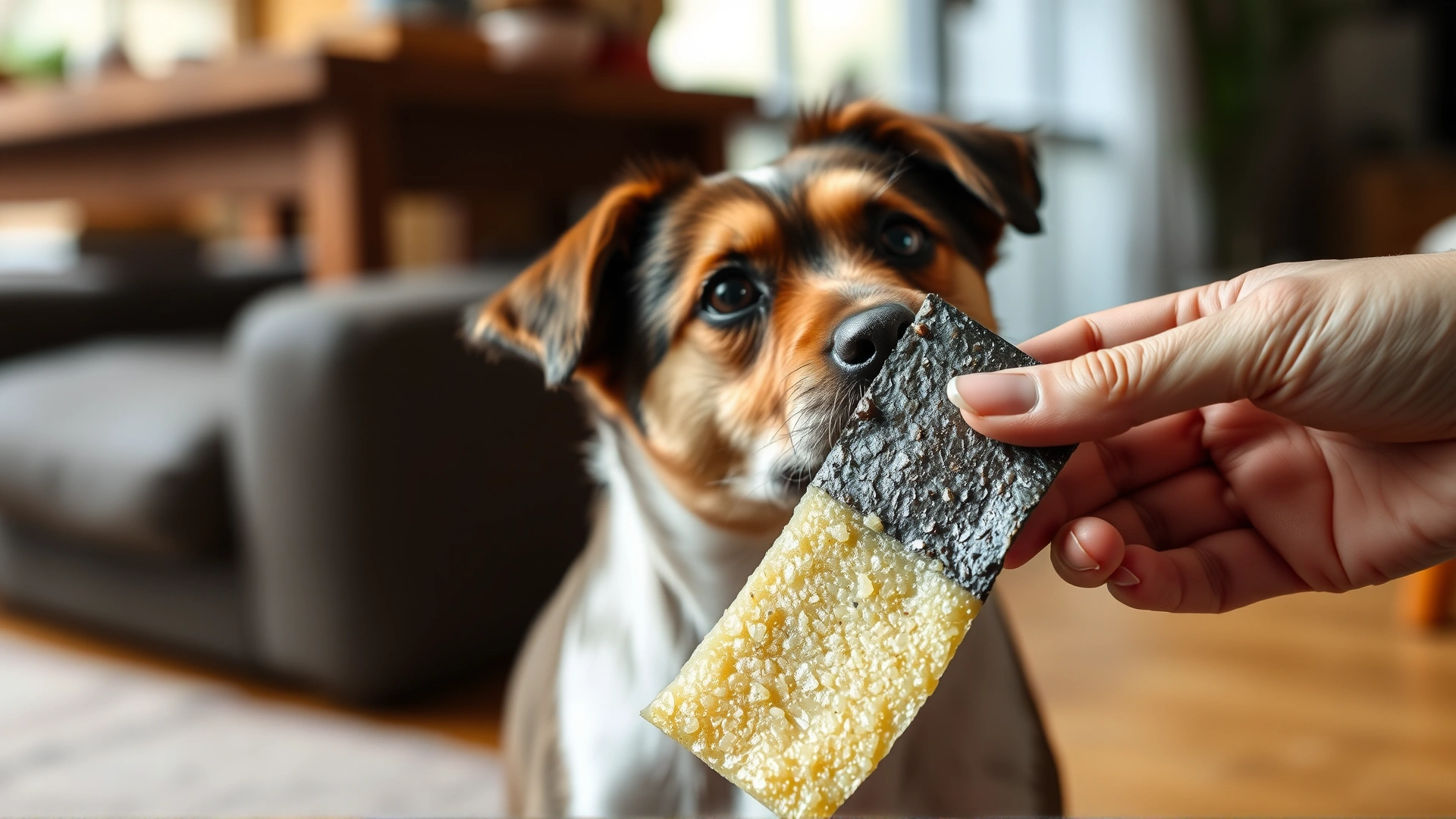 Small mixed-breed dog indoors gently nibbling on an unseasoned nori sheet offered by a human hand; shallow depth of field, cozy home environment.