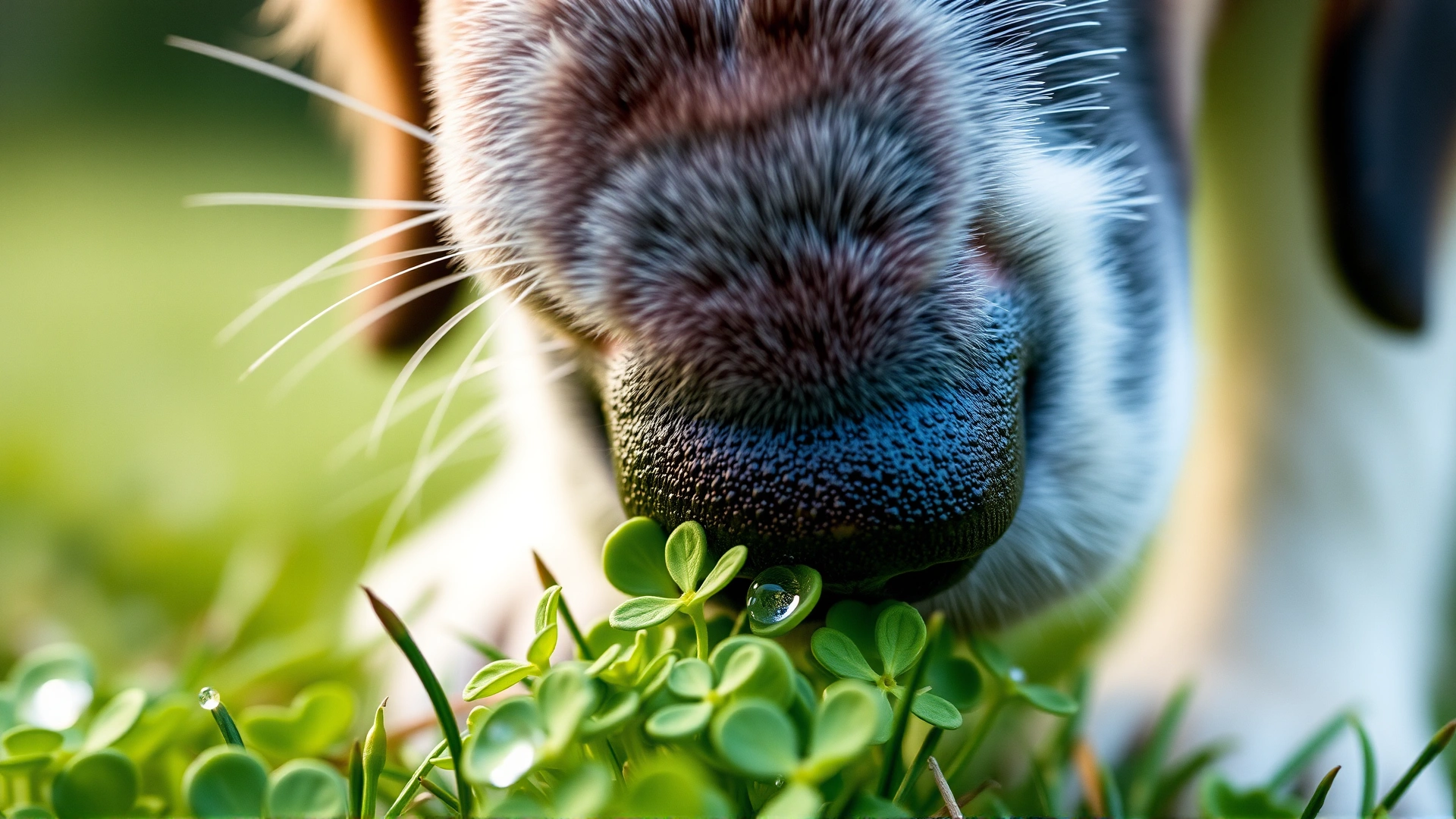 Extreme close-up of a dog’s nose sniffing a small patch of clover, tiny dew drops visible