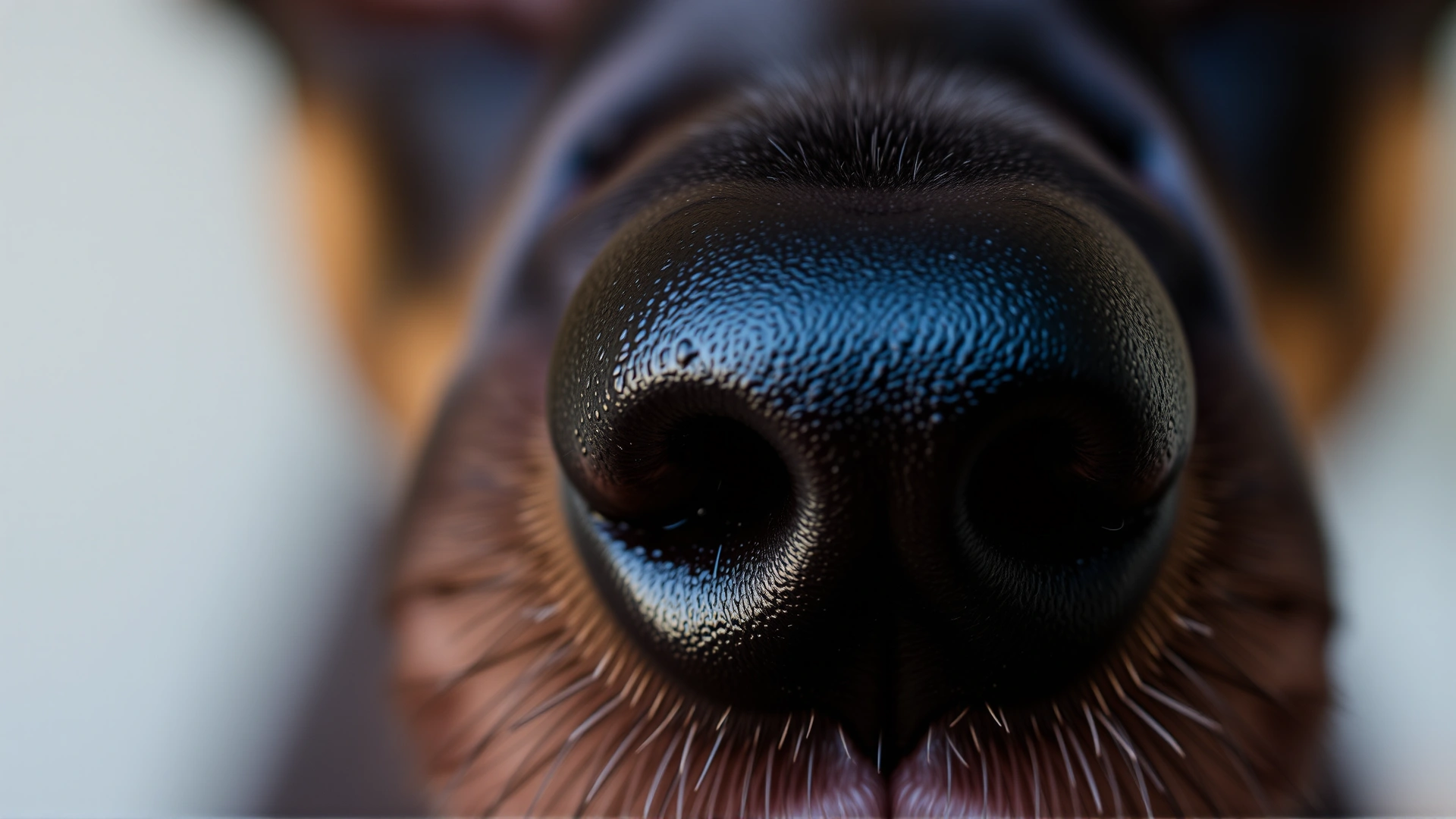 Extreme close-up of a dog’s moist black nose with shallow depth of field, highlighting texture and sense of smell.
