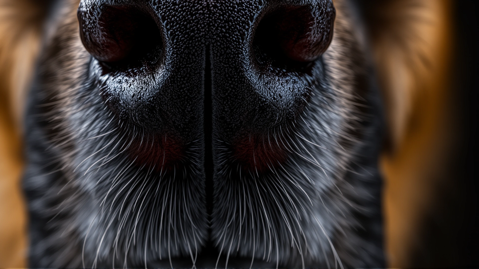 Macro shot of a moist dog nose with slight redness around the nostrils to illustrate inflammation.