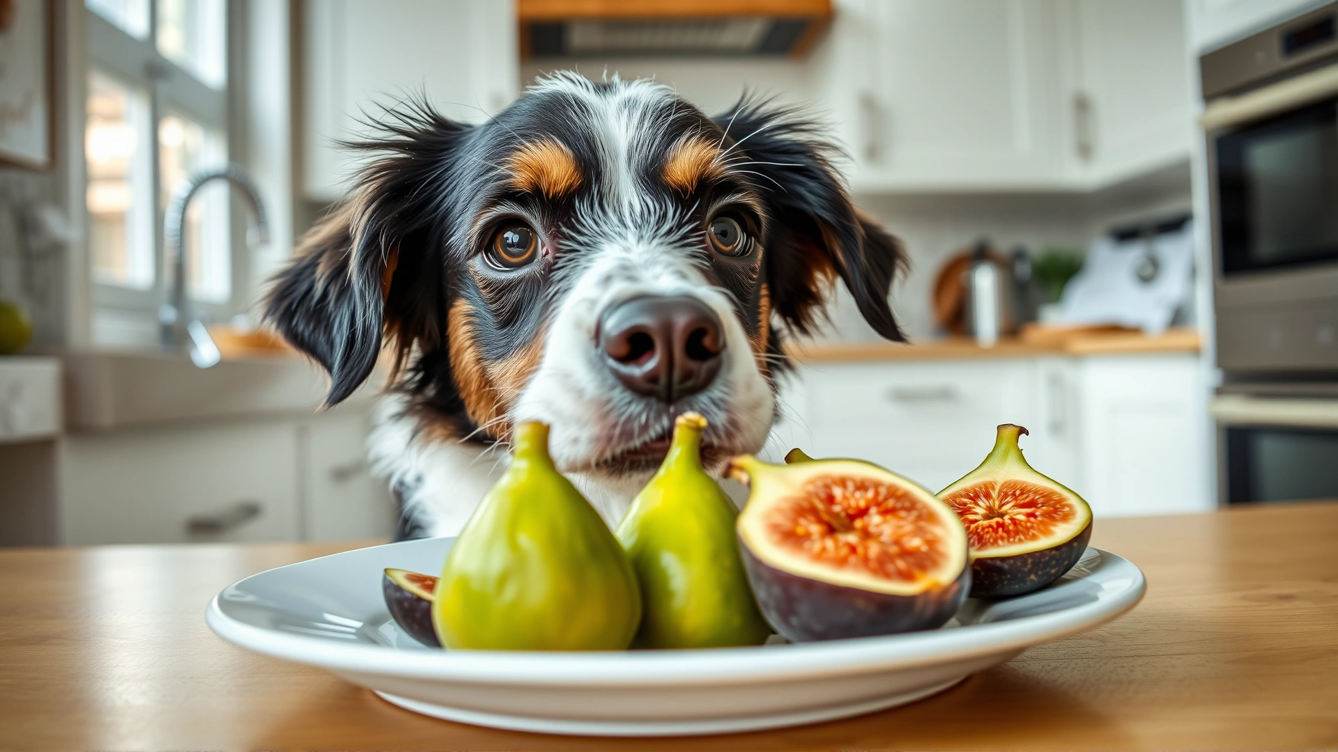 Curious dog gently sniffing freshly sliced figs arranged on a white plate in a bright kitchen setting.