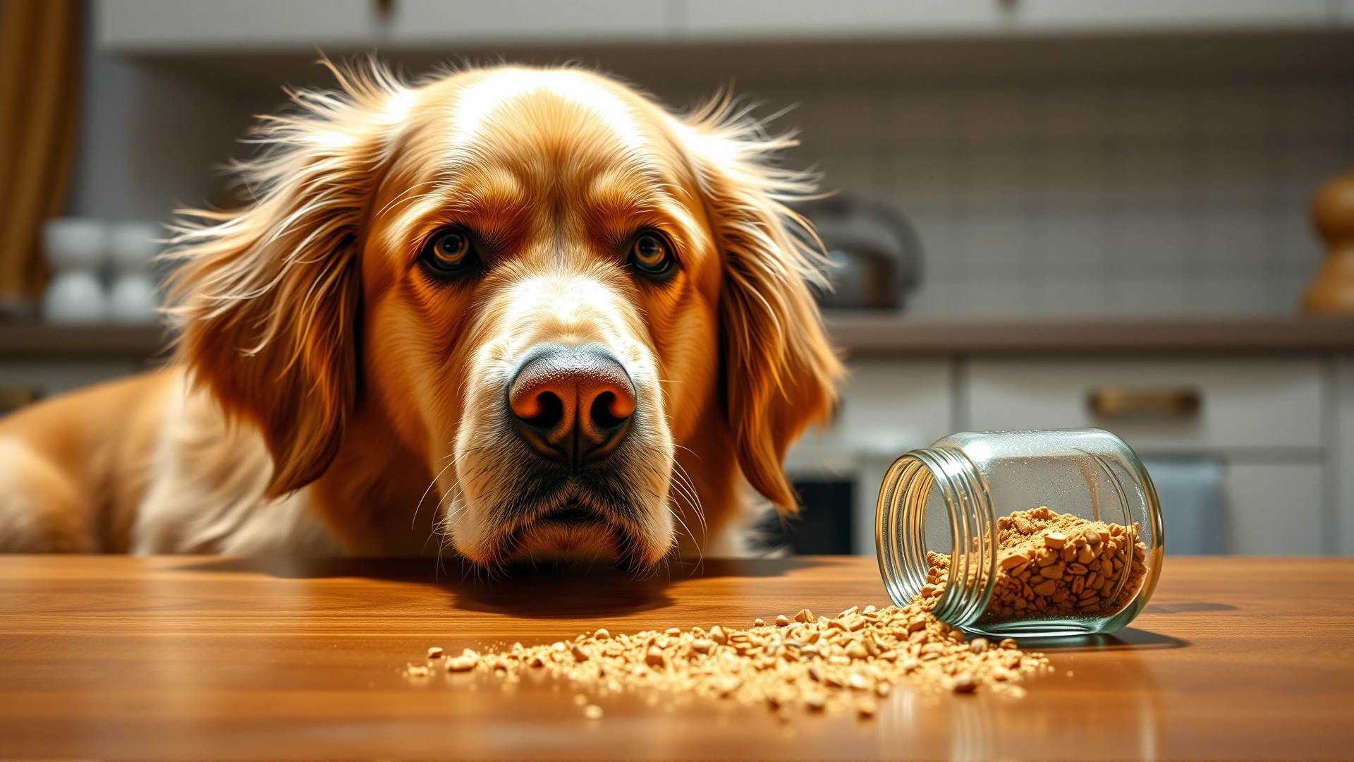 Medium shot of a golden retriever looking at ground nutmeg spilled from a small jar on a kitchen counter, daylight
