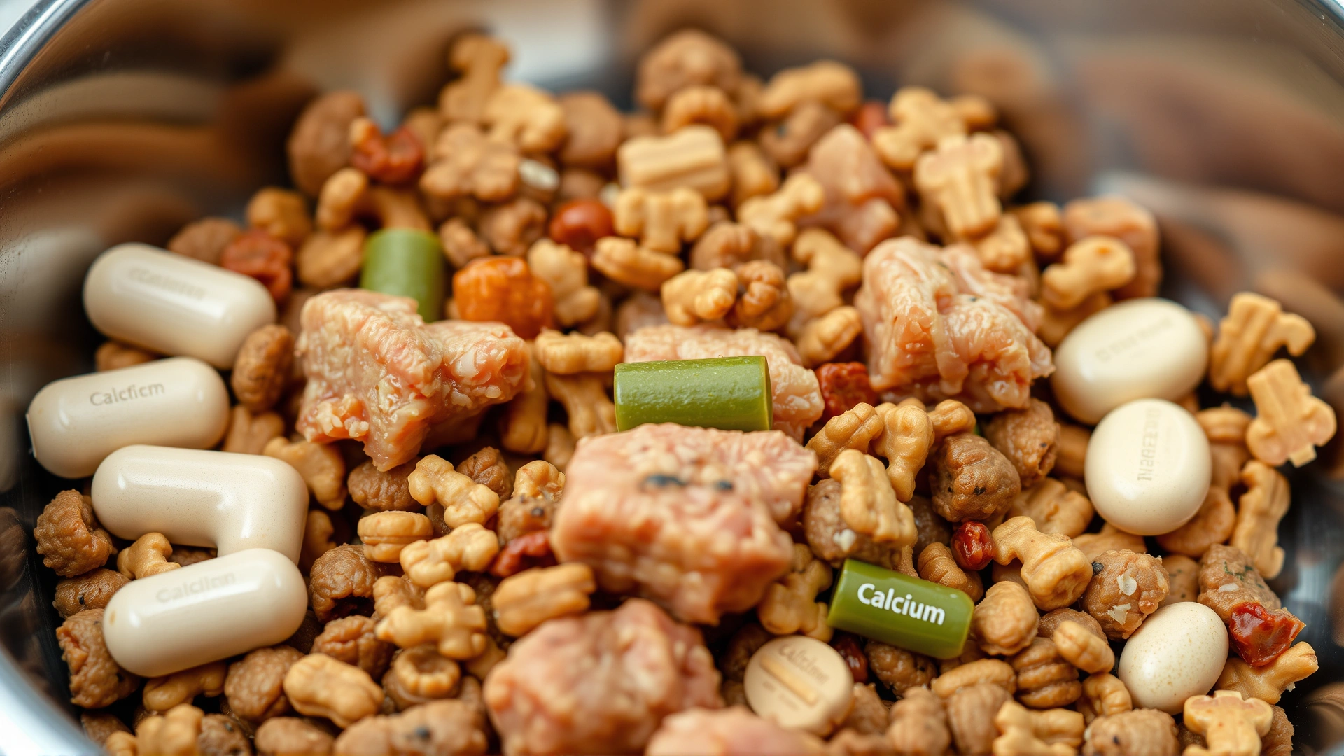 Close-up of balanced dog food in a stainless steel bowl with visible chunks of meat, vegetables and kibble, next to calcium supplement tablets