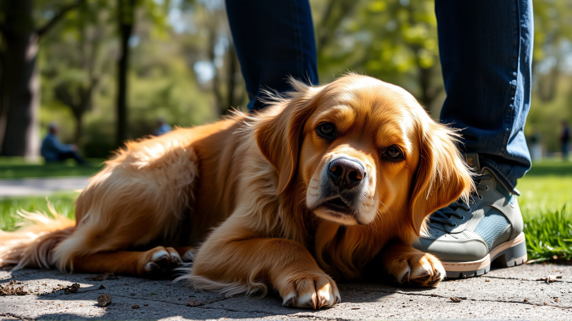 Close-up of a golden retriever sitting on a person's feet outdoors in a sunny park, illustrating warmth and affection.