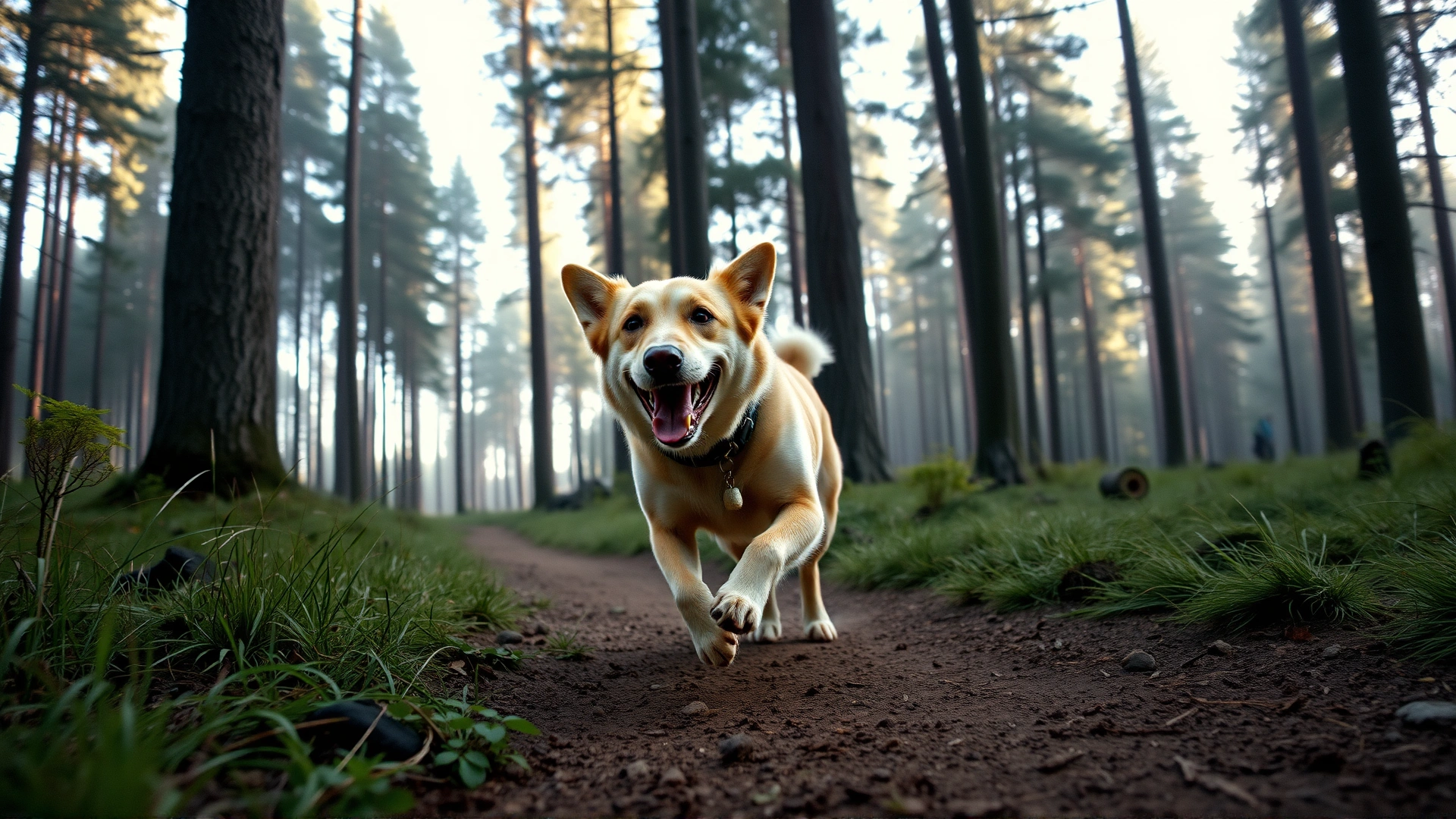 Action shot of an energetic dog joyfully running on a forest hiking trail with tall trees in the background, captured from a low angle in early morning light.