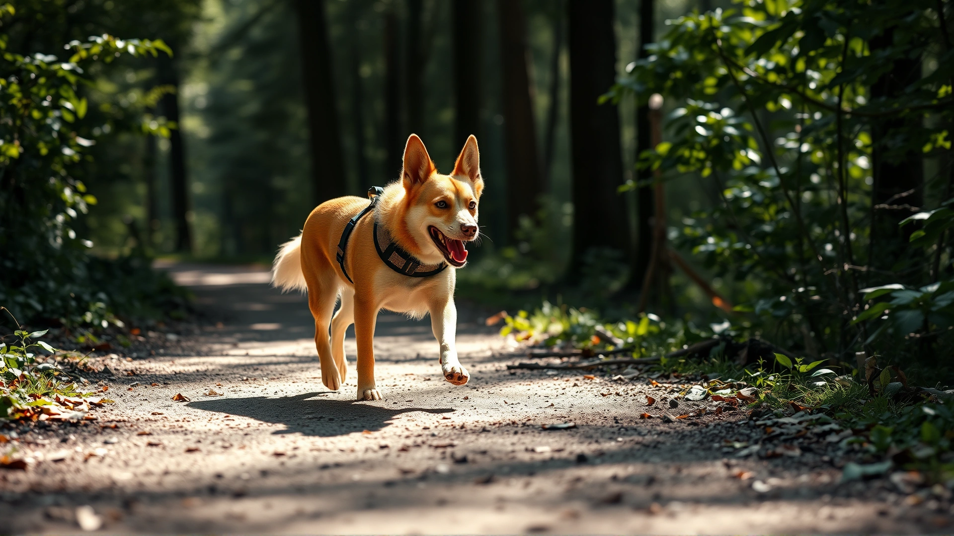Medium-sized dog wearing a harness walking energetically on a shaded forest trail with dappled sunlight, trees and foliage around, no text on image