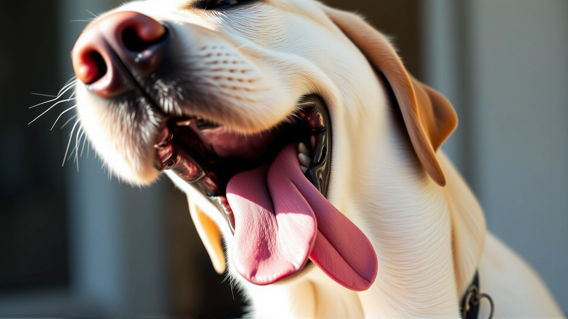 Close-up of a Labrador retriever with its mouth wide open and tongue hanging out, appearing to laugh, bright natural light.