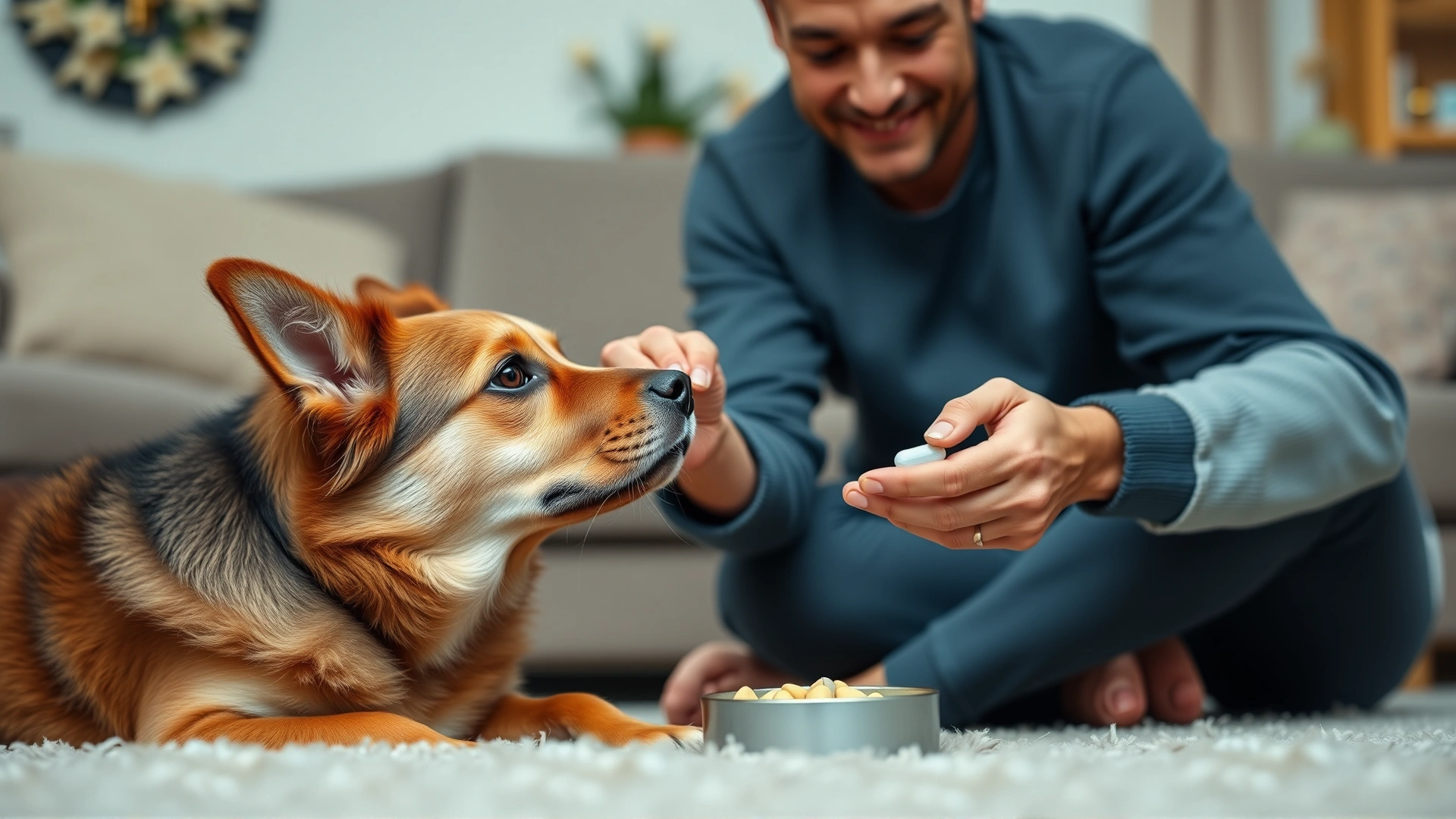 Pet owner giving a chewable tablet to a medium-sized dog at home, cozy living room setting.
