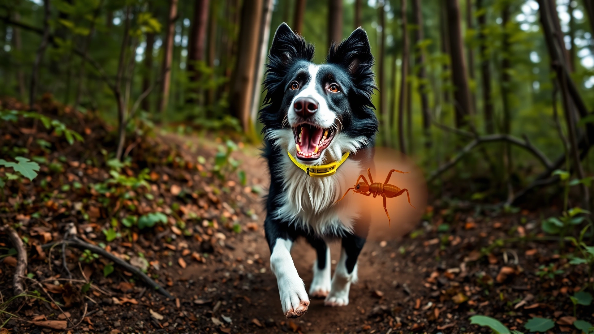 Energetic Border Collie wearing a bright collar hiking through a forest trail, illustrating an active lifestyle and exposure to parasites.
