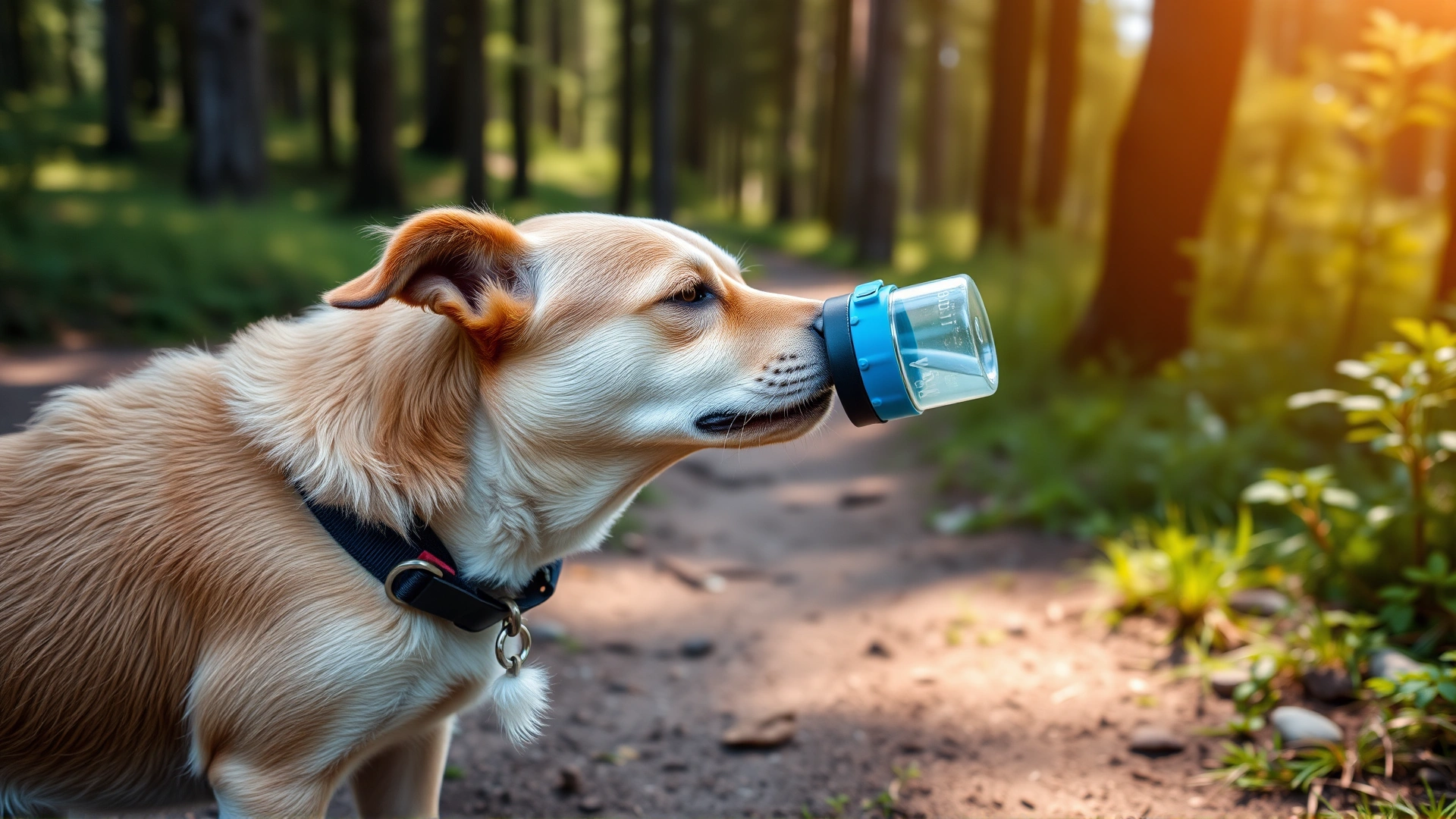 Dog drinking from a portable squeeze bottle and foldable bowl while hiking on a forest trail, summer daylight