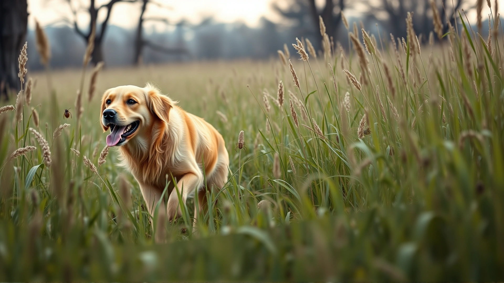 A playful golden retriever running through tall spring grass, illustrating environments where ticks are commonly found.