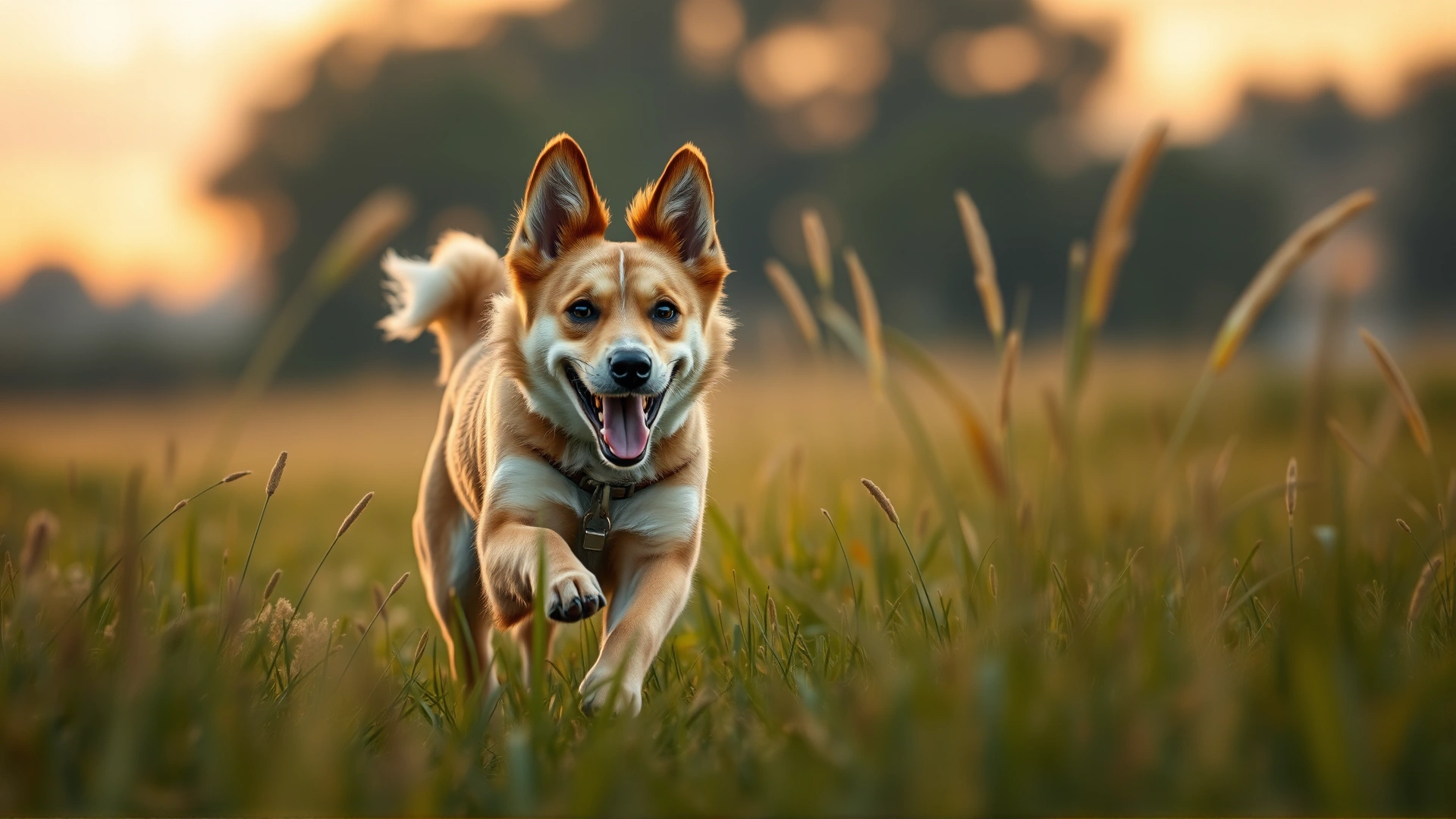 Happy medium-sized dog running through tall grass at sunset, slight motion blur in background, illustrating risk areas, no text