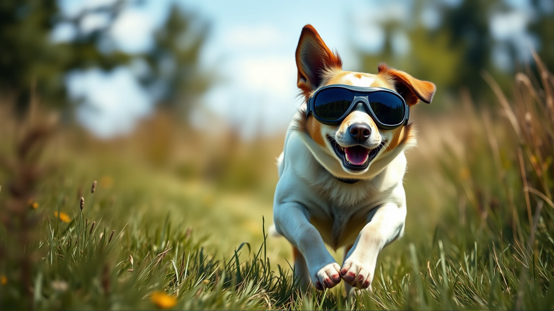 Full-body shot of a medium-sized dog wearing tinted goggles, running through a grassy meadow on a sunny day.