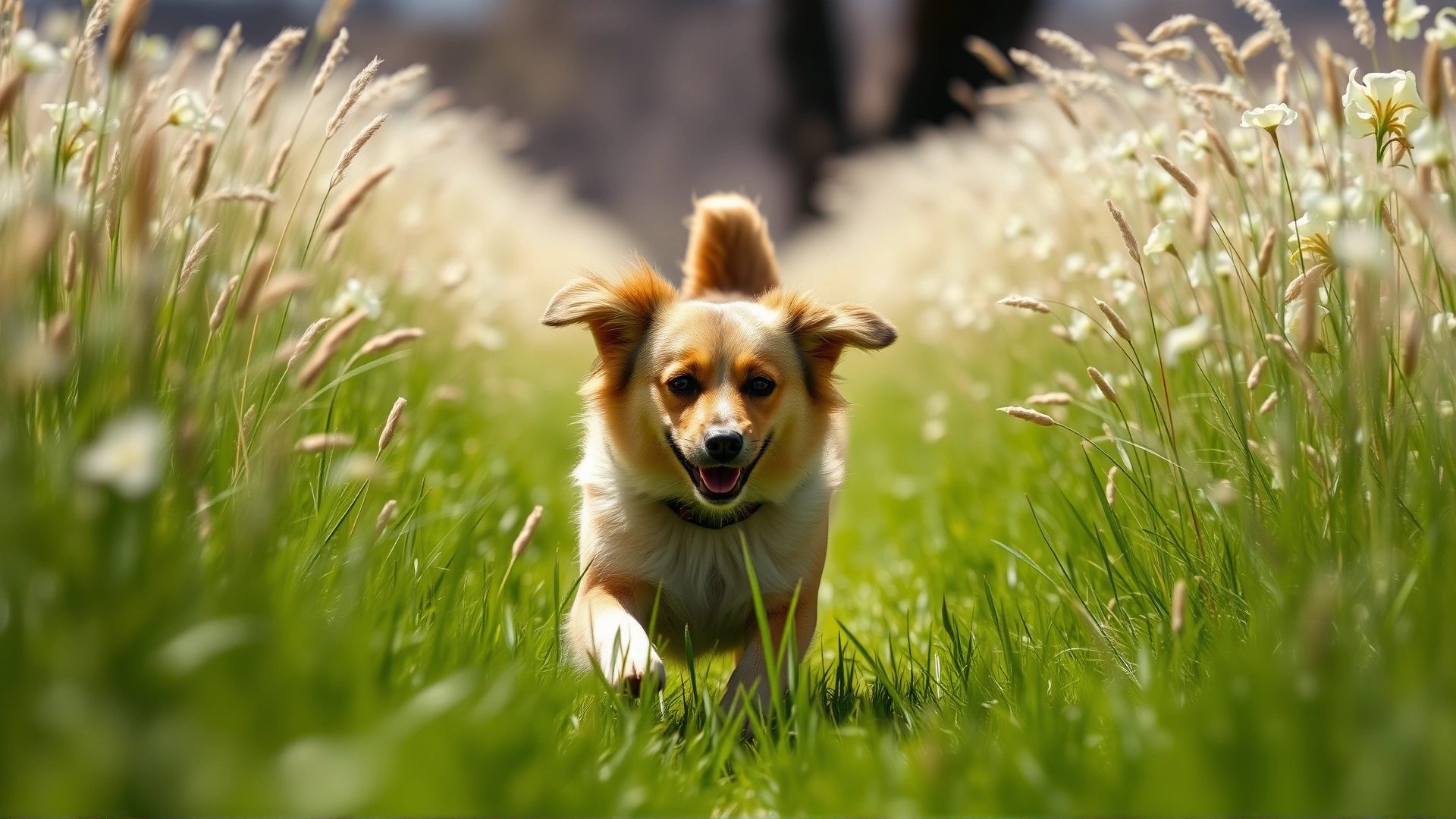Happy medium-sized dog running through tall grass on a sunny spring day, shallow depth of field, no text on image