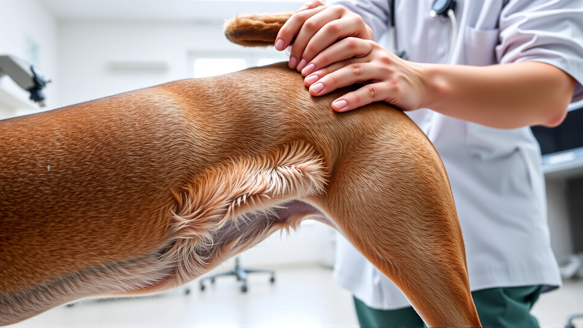 Close-up of a veterinarian gently flexing a dog’s hind leg during an orthopedic exam in a bright clinic setting.