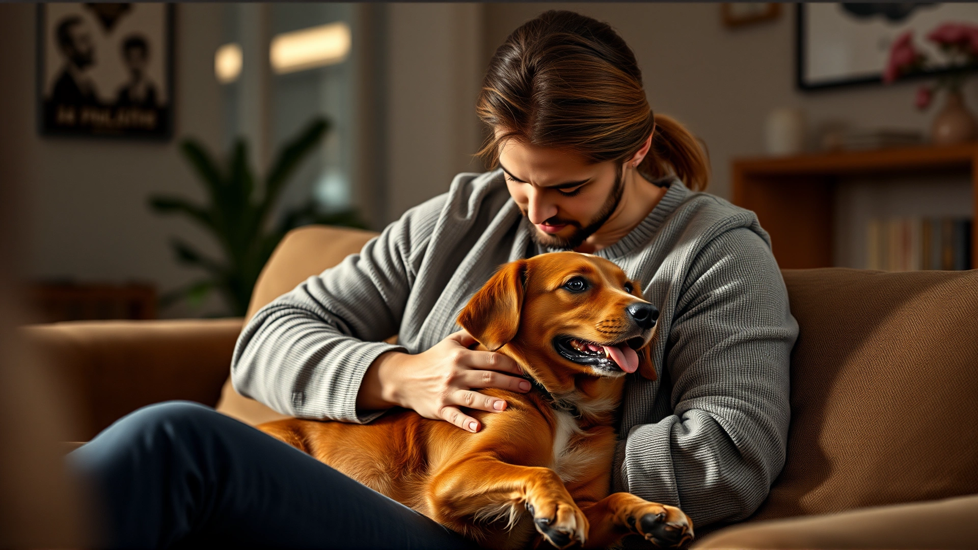 Owner gently petting a relaxed dog on a cozy living-room couch, warm ambient light