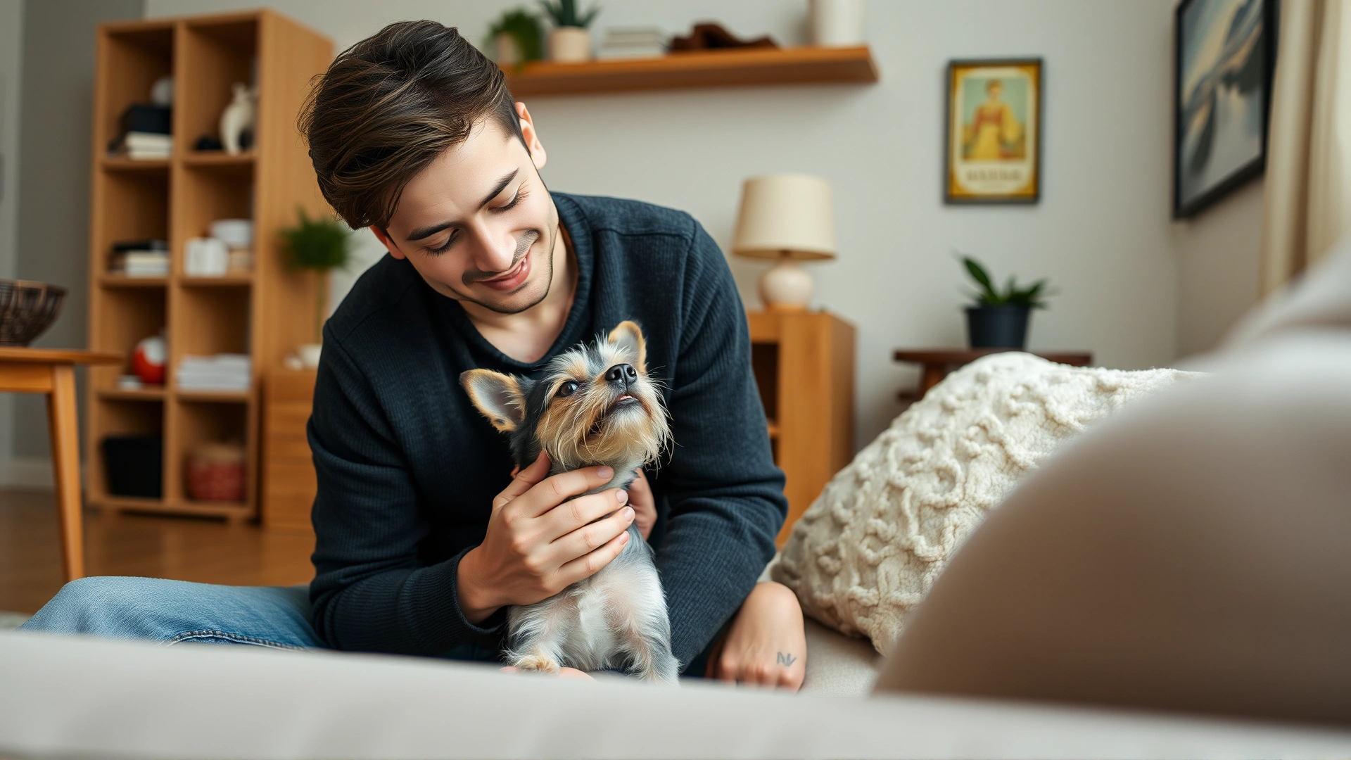 Dog owner calming their small terrier by gently massaging its throat in a cozy living room