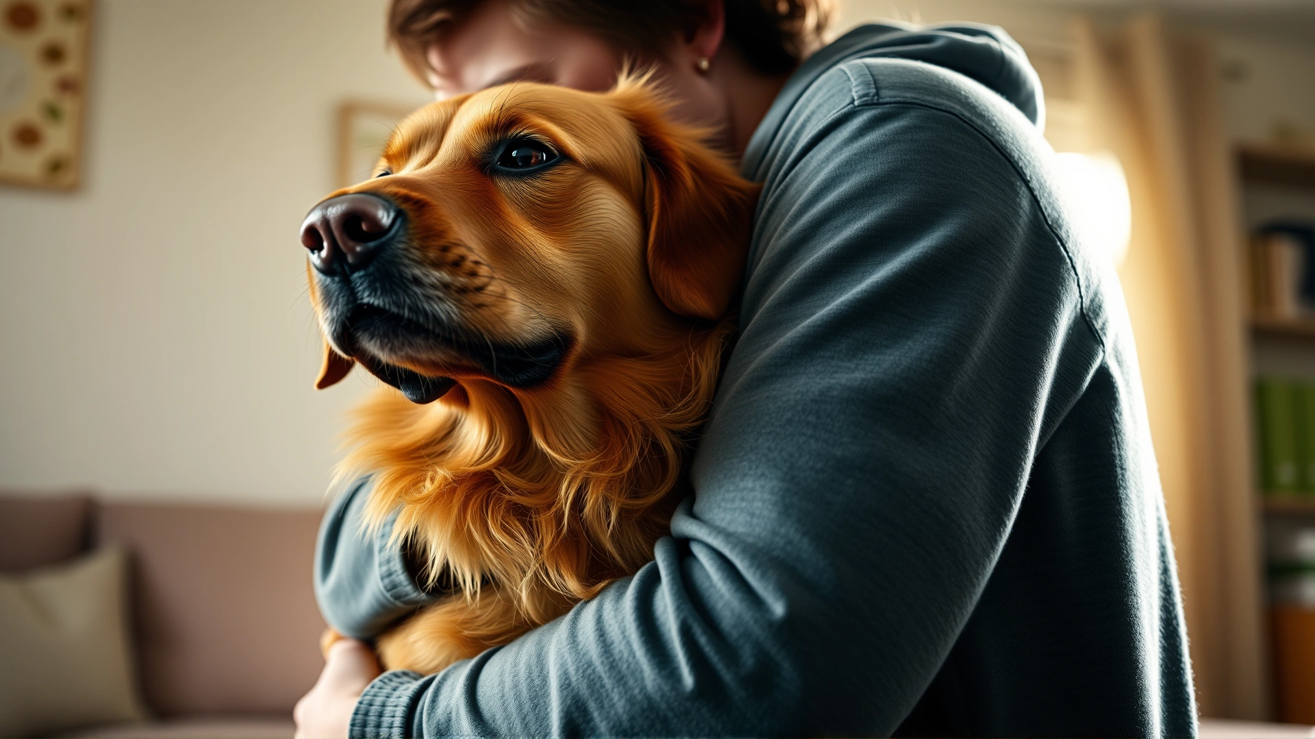 Dog owner hugging their healthy dog at home, soft warm lighting, feeling of relief and safety.