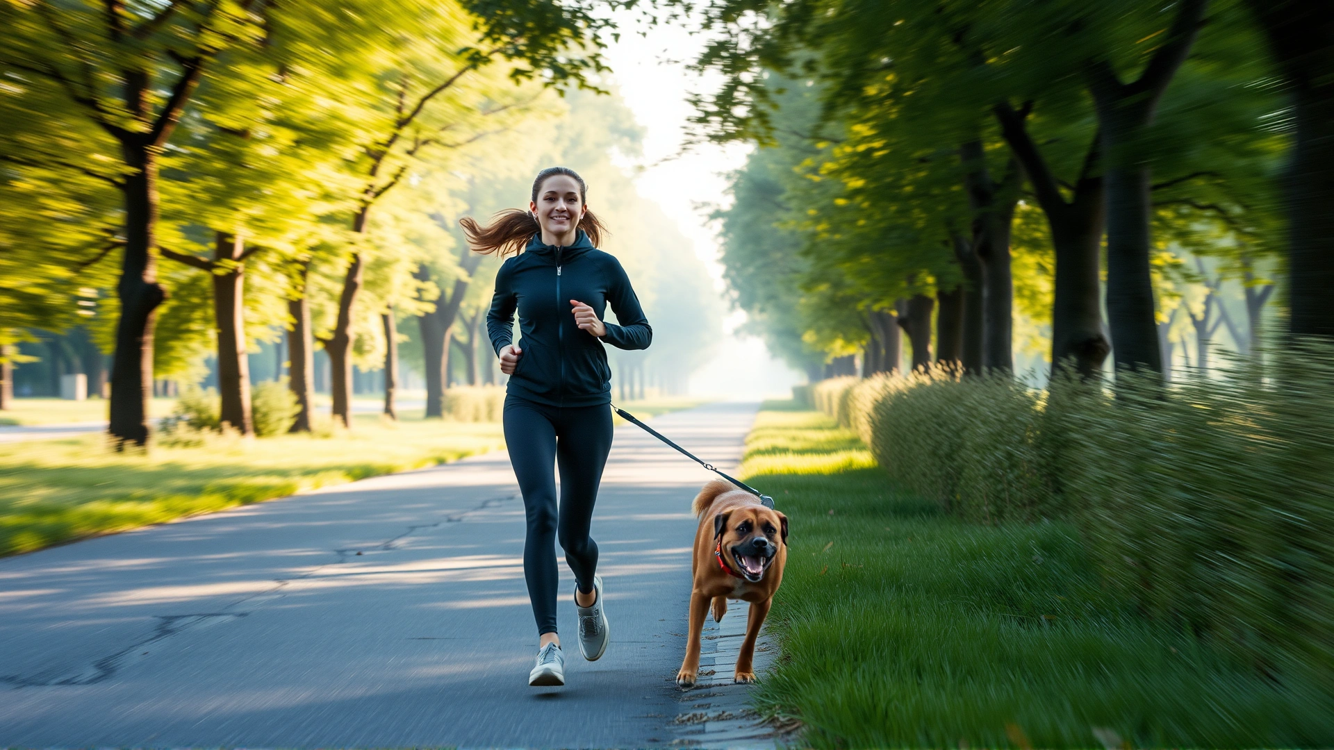Young woman jogging on a tree-lined path with her medium-sized dog wearing a GPS collar, early morning light, dynamic motion blur