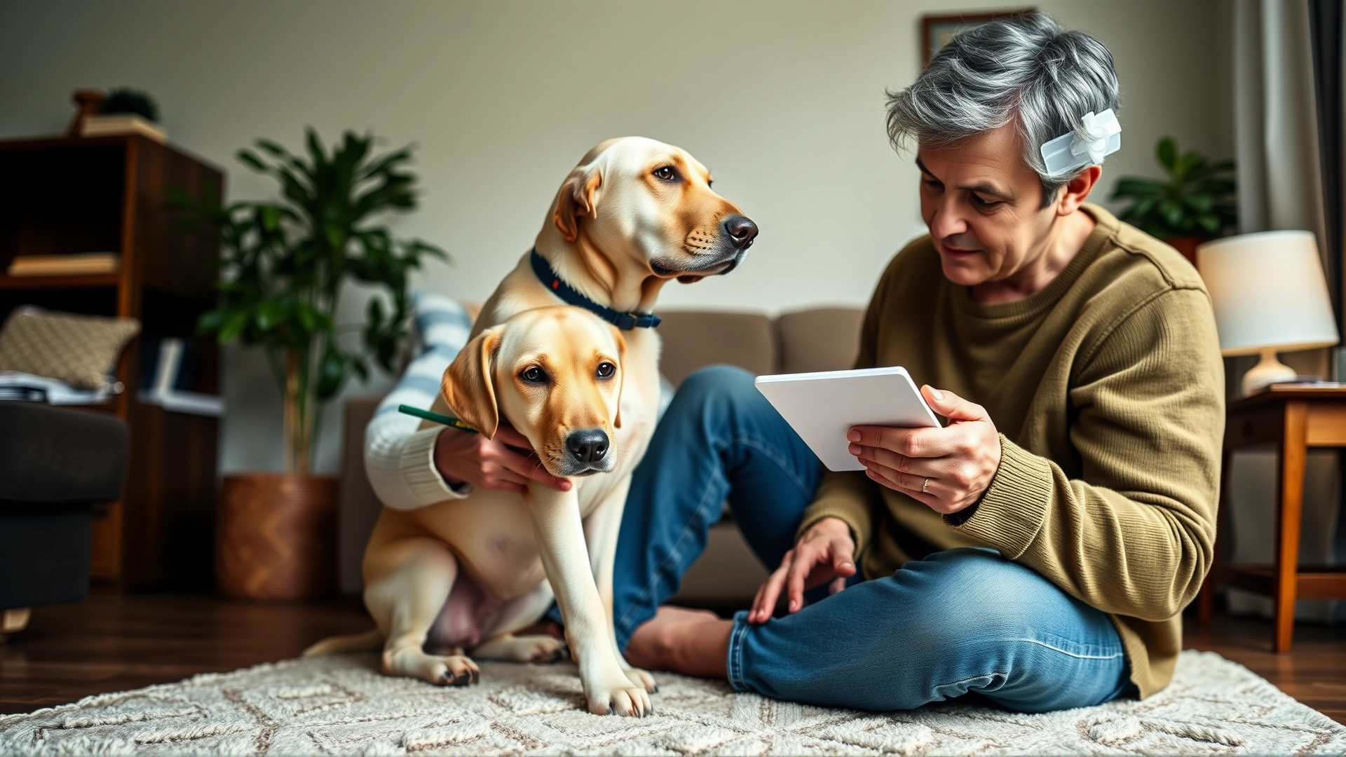 Dog owner at home gently measuring a lump on their Labrador's leg with a ruler and taking notes, cozy living room setting, no text.