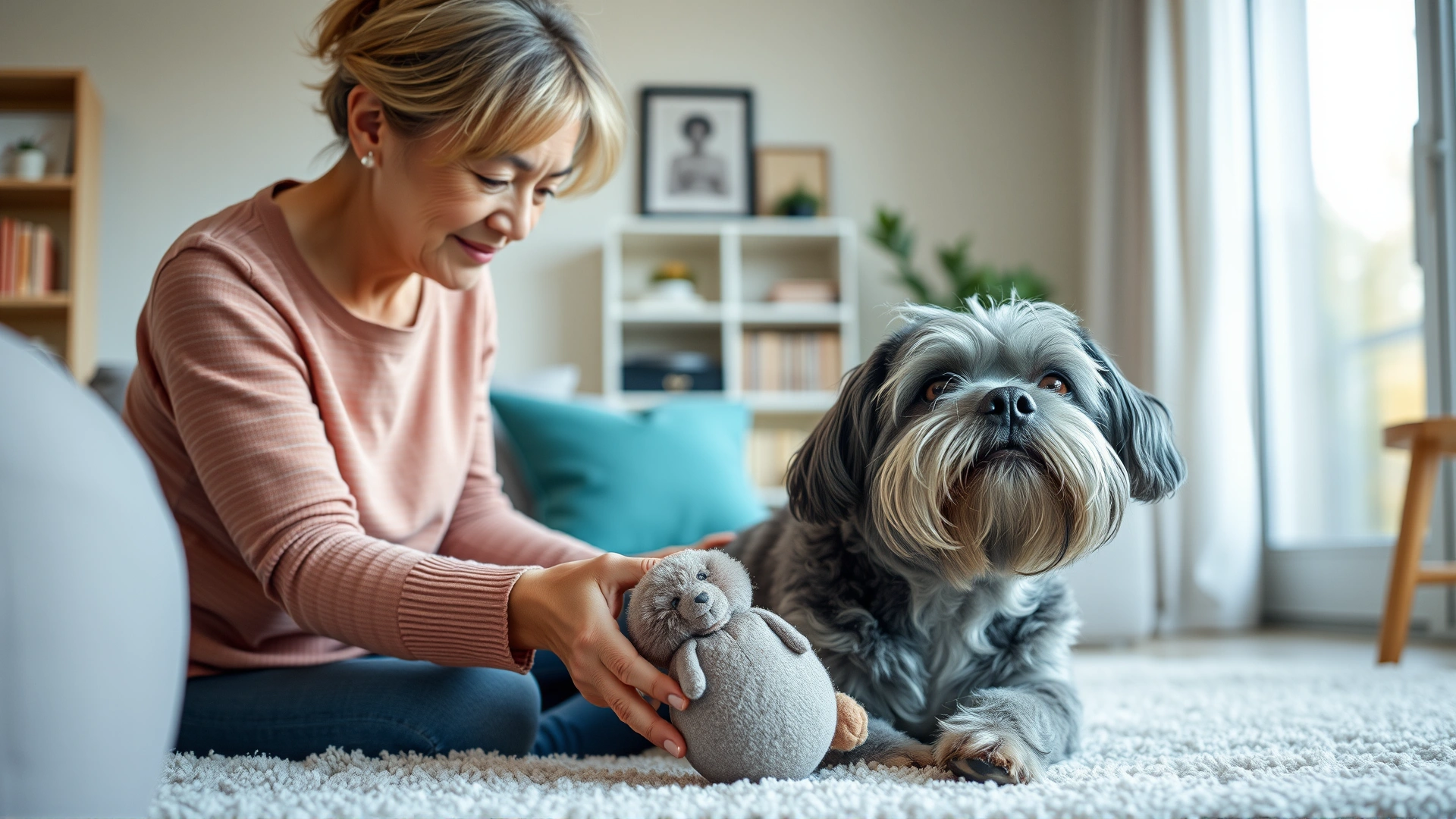Middle-aged woman playing gently with her gray-muzzled senior dog using a soft plush toy in a light-filled living room, candid lifestyle photo