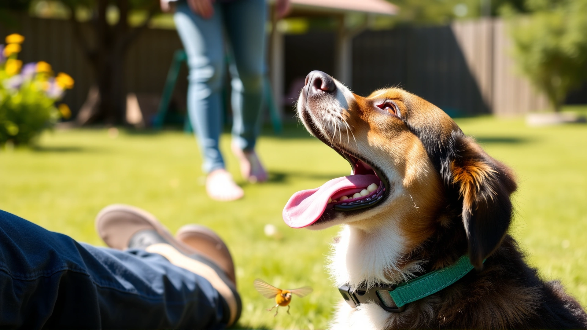 Happy dog wearing flea collar playing with owner in a sunny backyard, illustrating prevention