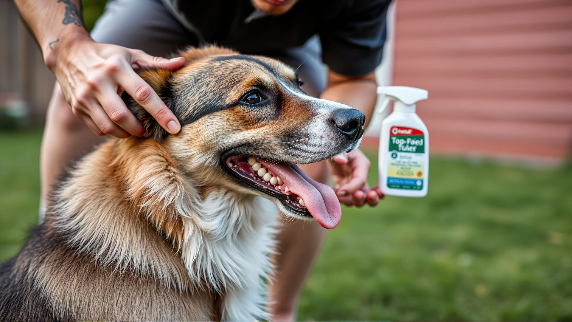 Dog owner applying a topical tick prevention treatment on the back of a happy dog in a backyard.