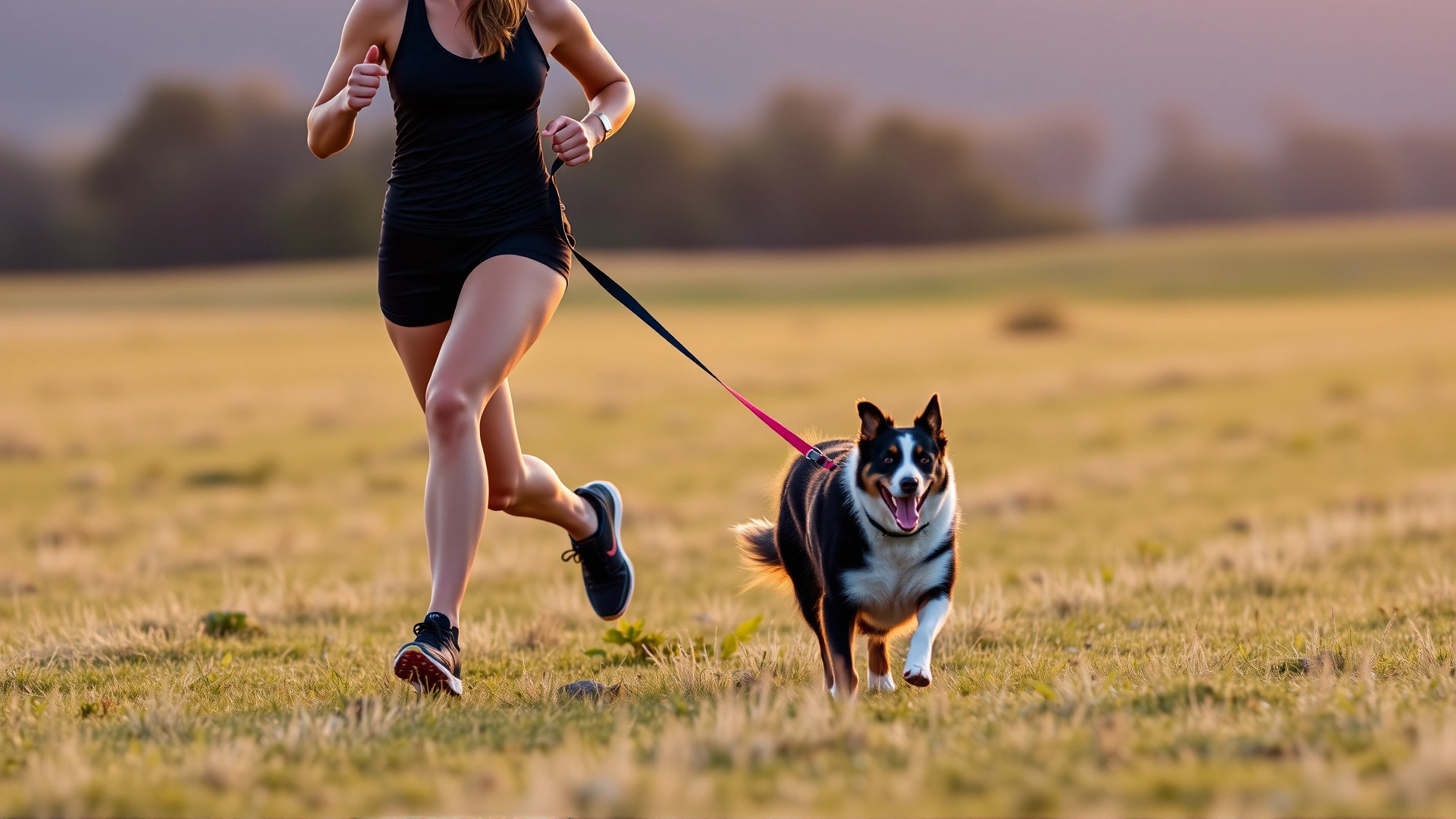 Athletic woman running with a Border Collie on a leash across an open grassy field at sunrise