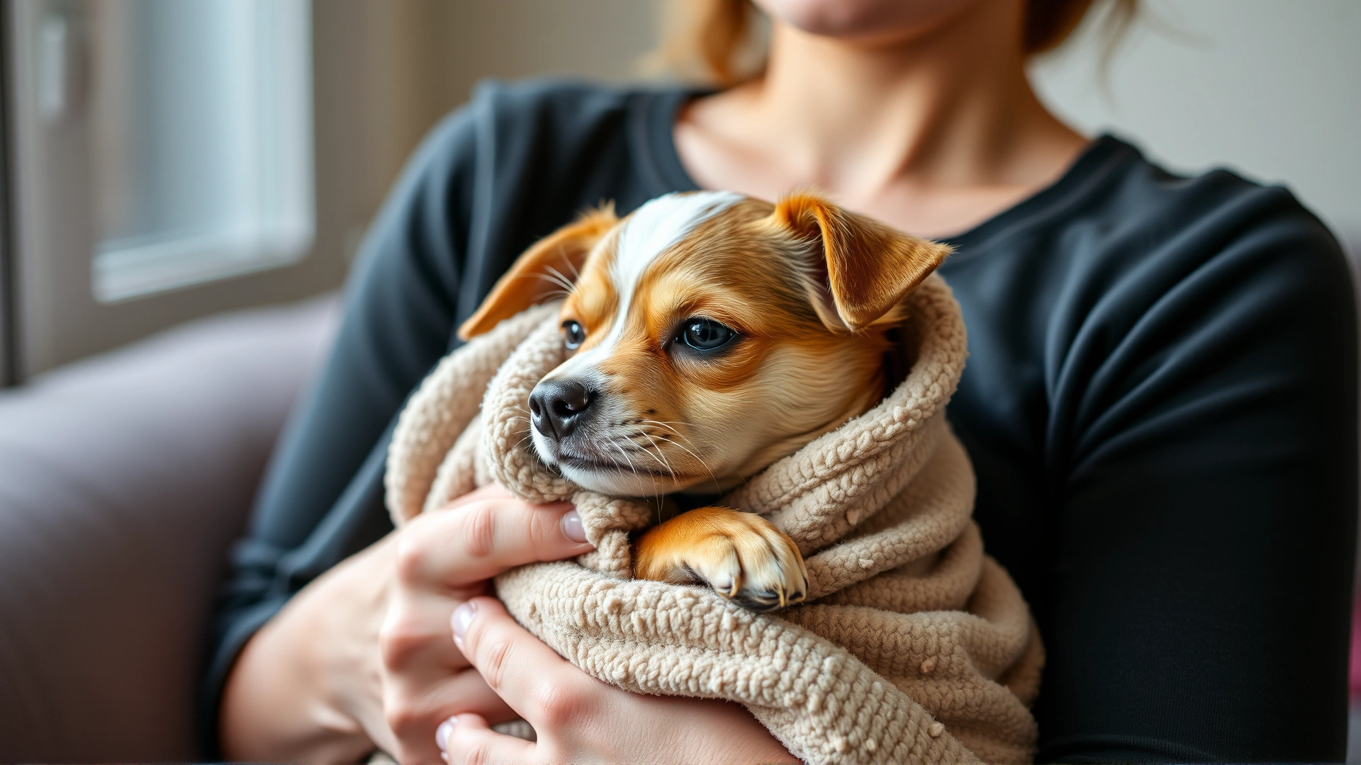 Pet owner cuddling a small dog wrapped in a blanket indoors, emphasizing care and comfort.
